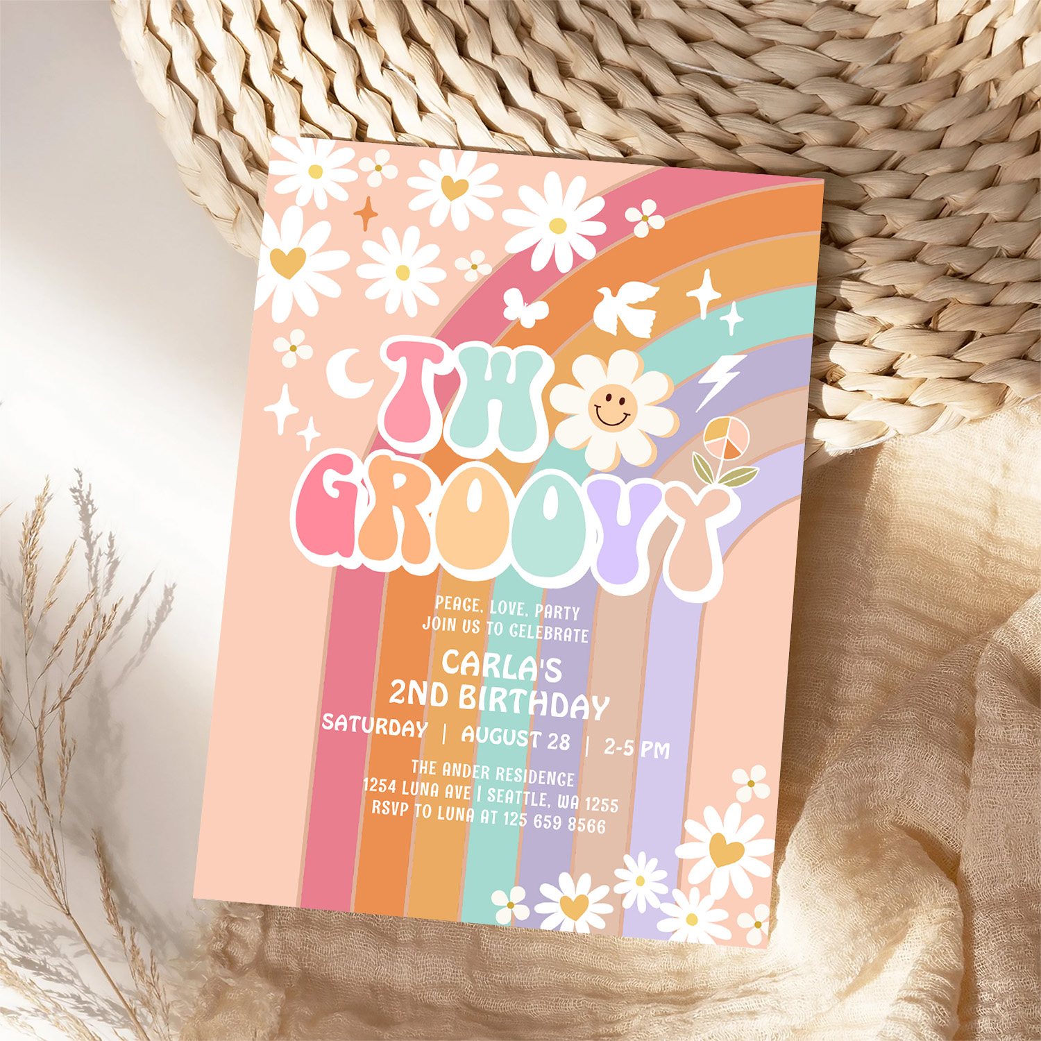 Two Groovy Daisy Hippie 70S Retro 1st Birthday Invitation - Image 4