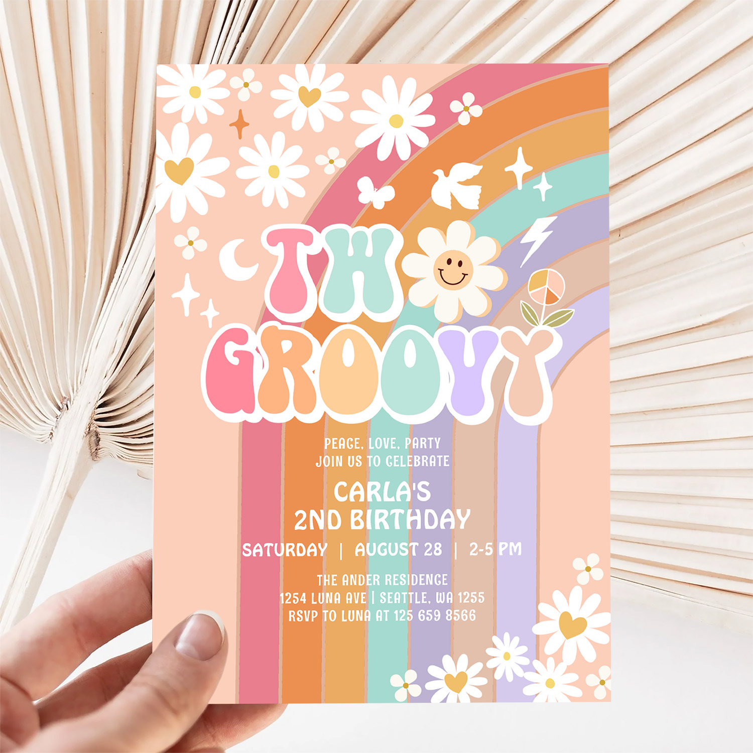 Two Groovy Daisy Hippie 70S Retro 1st Birthday Invitation - Image 5