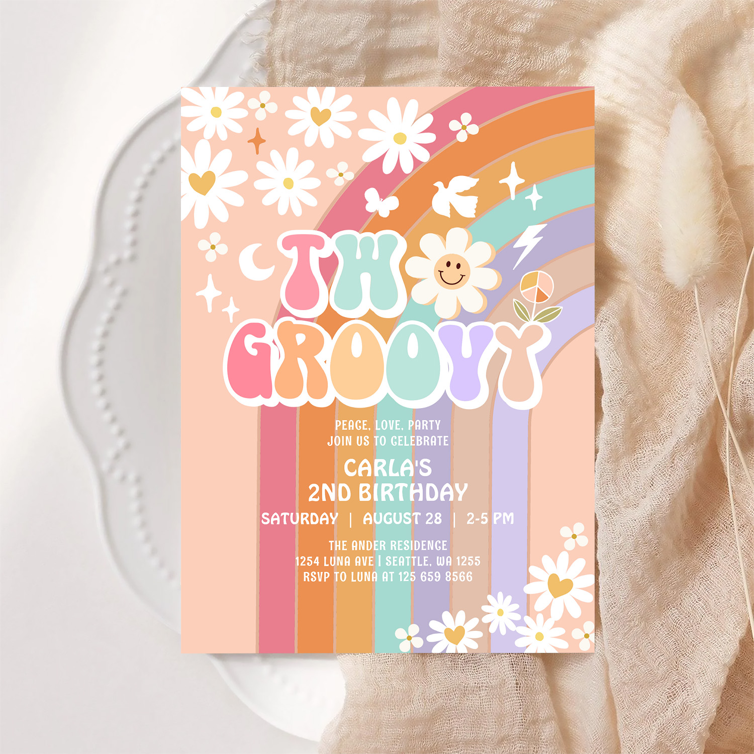 Two Groovy Daisy Hippie 70S Retro 1st Birthday Invitation - Image 6