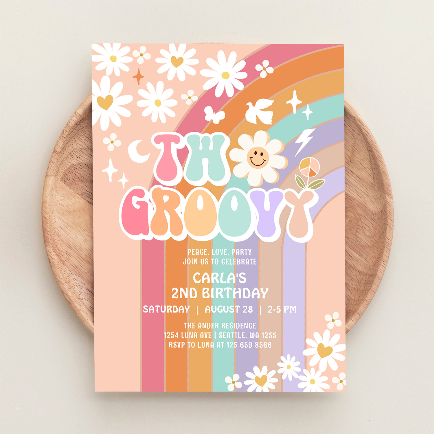 Two Groovy Daisy Hippie 70S Retro 1st Birthday Invitation - Image 7