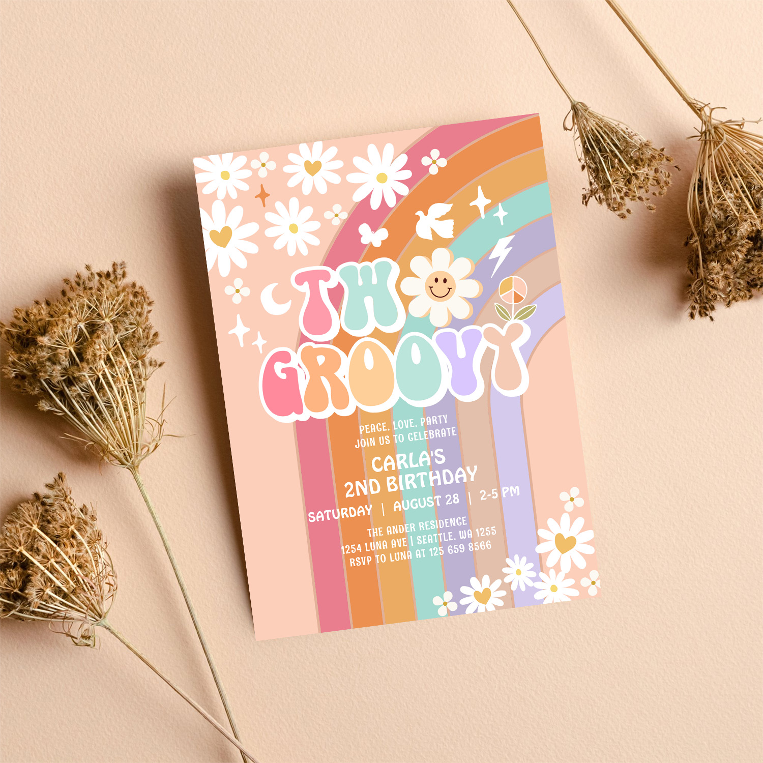 Two Groovy Daisy Hippie 70S Retro 1st Birthday Invitation - Image 8