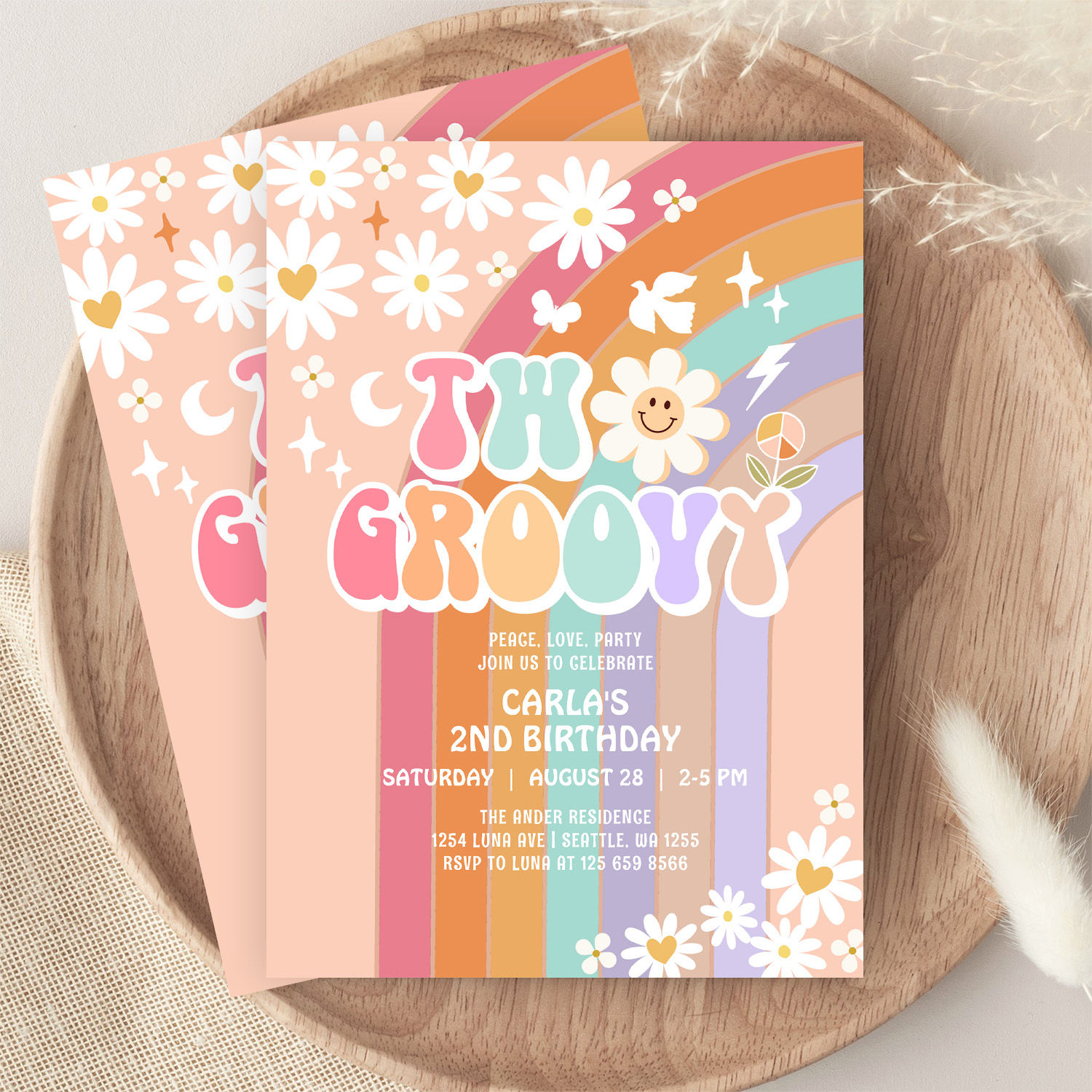 Two Groovy Daisy Hippie 70S Retro 1st Birthday Invitation - Image 9