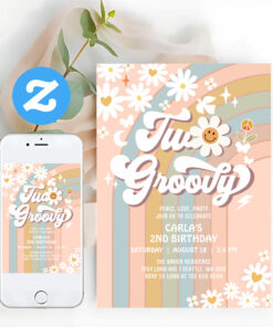 Two Groovy Daisy Hippie 70S Retro 2nd Birthday Invitation