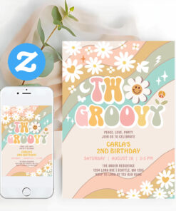 Two Groovy Daisy Hippie 70S Retro Birthday Invitation