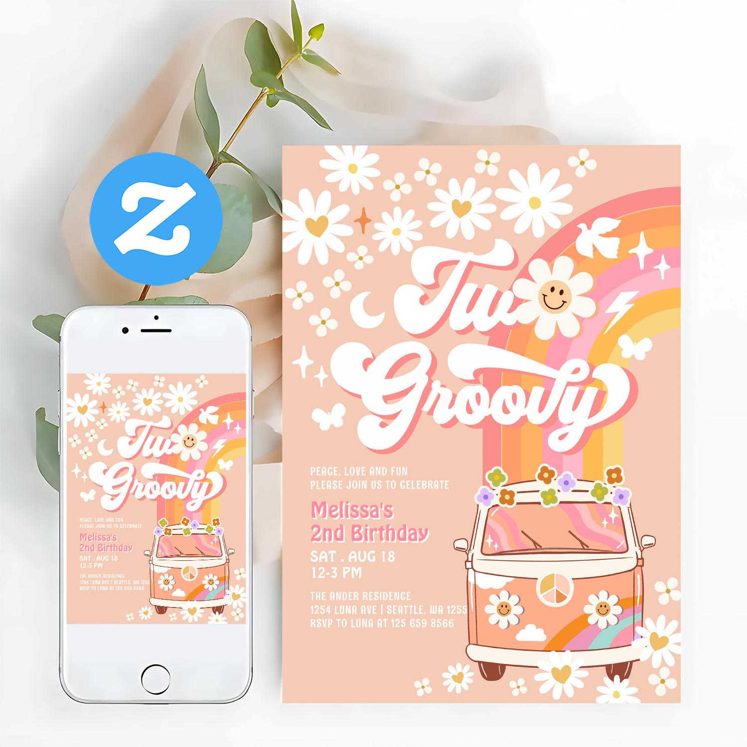 Two Groovy Girl Pink Peach Van Daisy 2nd Birthday Invitation