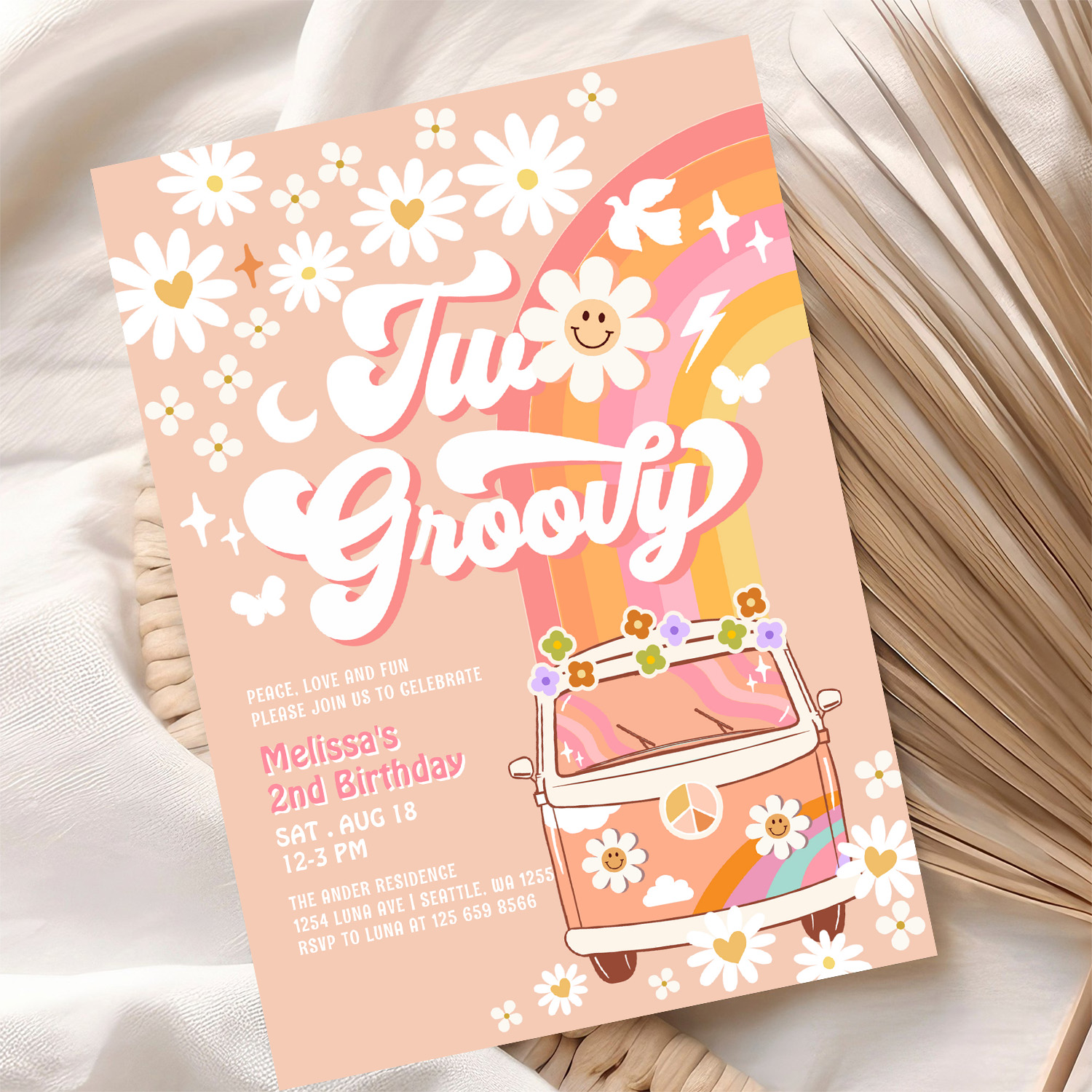 Two Groovy Girl Pink Peach Van Daisy 2nd Birthday Invitation - Image 10