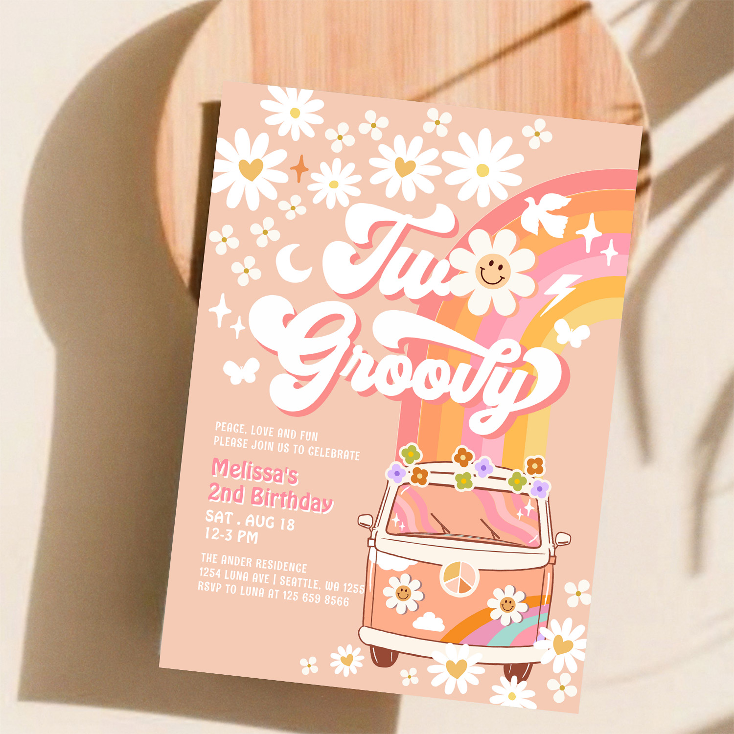 Two Groovy Girl Pink Peach Van Daisy 2nd Birthday Invitation - Image 11