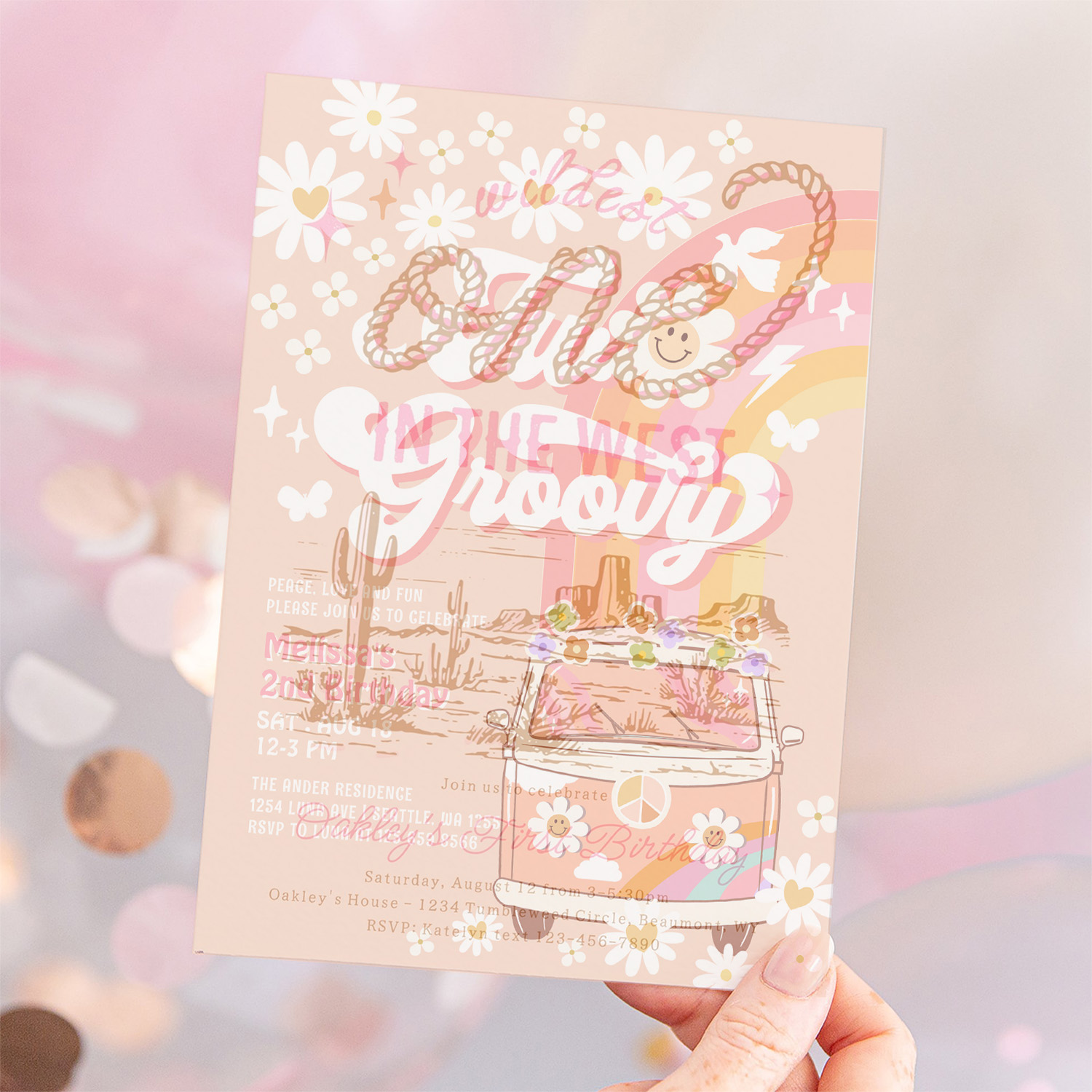 Two Groovy Girl Pink Peach Van Daisy 2nd Birthday Invitation - Image 12