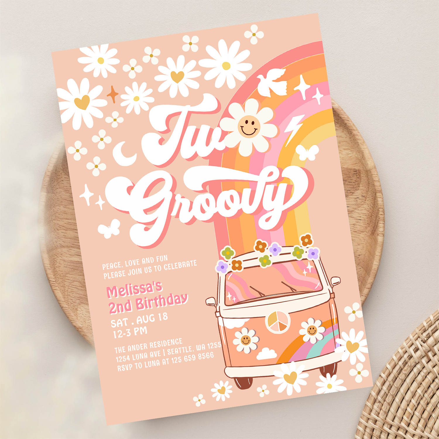 Two Groovy Girl Pink Peach Van Daisy 2nd Birthday Invitation - Image 13