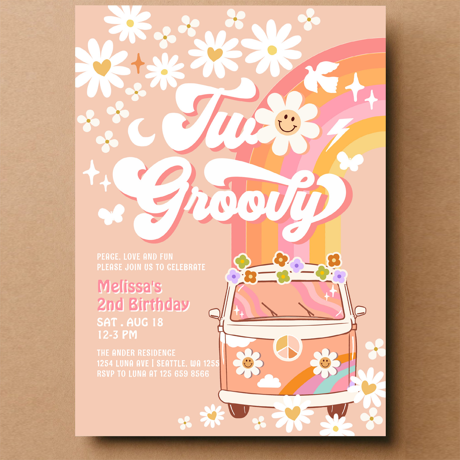 Two Groovy Girl Pink Peach Van Daisy 2nd Birthday Invitation - Image 14