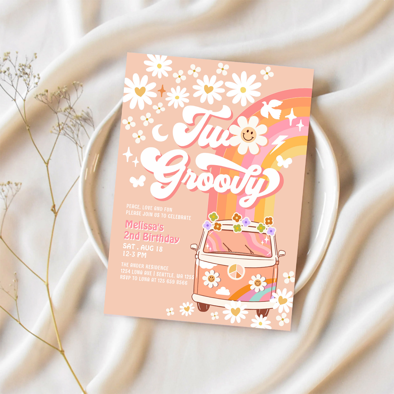 Two Groovy Girl Pink Peach Van Daisy 2nd Birthday Invitation - Image 2