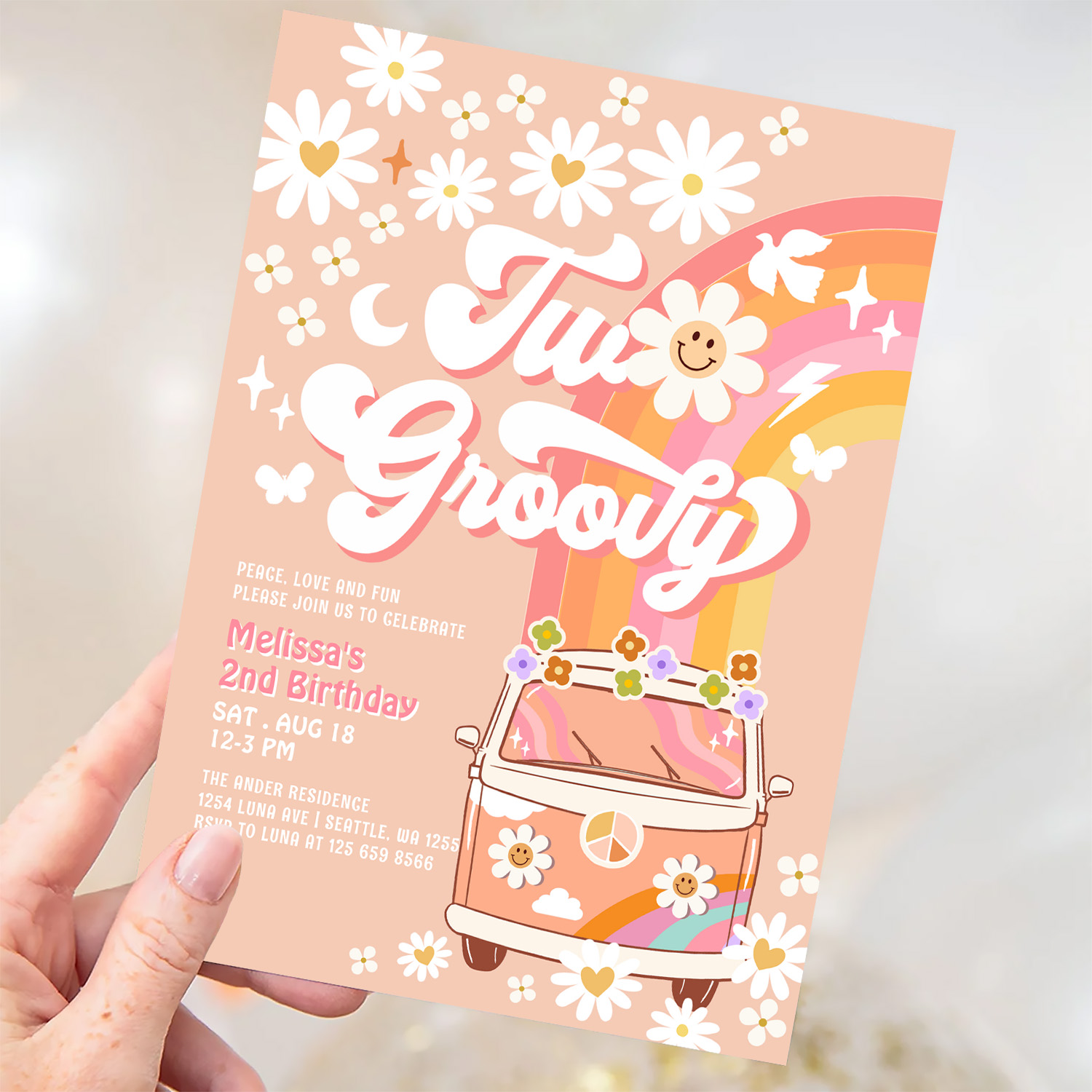 Two Groovy Girl Pink Peach Van Daisy 2nd Birthday Invitation - Image 3