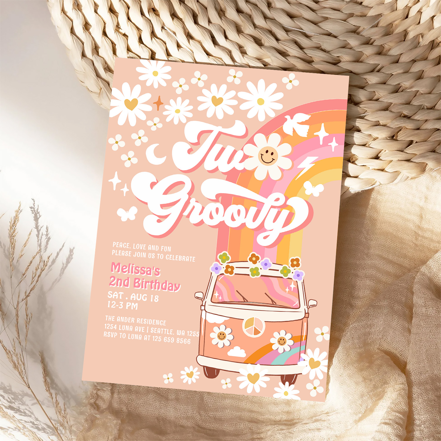 Two Groovy Girl Pink Peach Van Daisy 2nd Birthday Invitation - Image 4