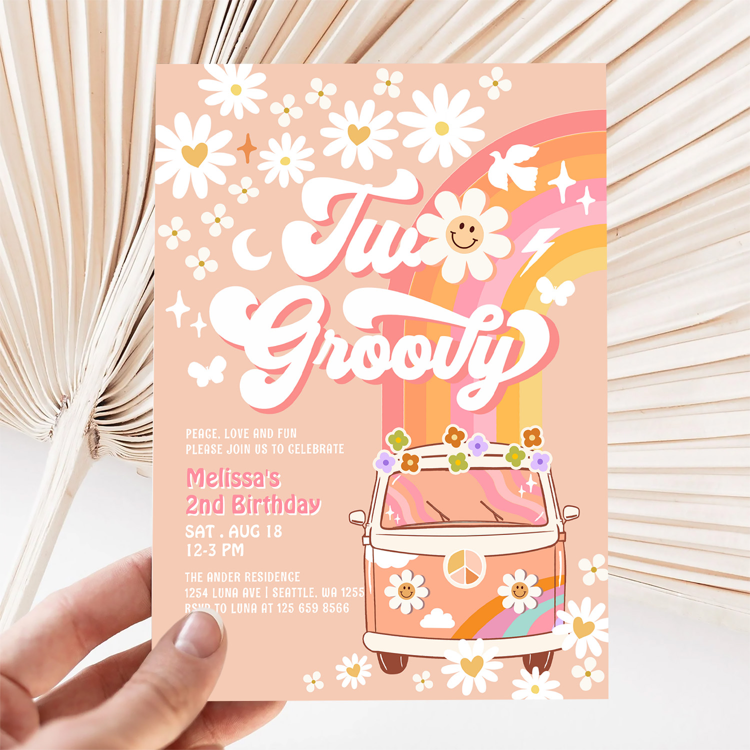 Two Groovy Girl Pink Peach Van Daisy 2nd Birthday Invitation - Image 5