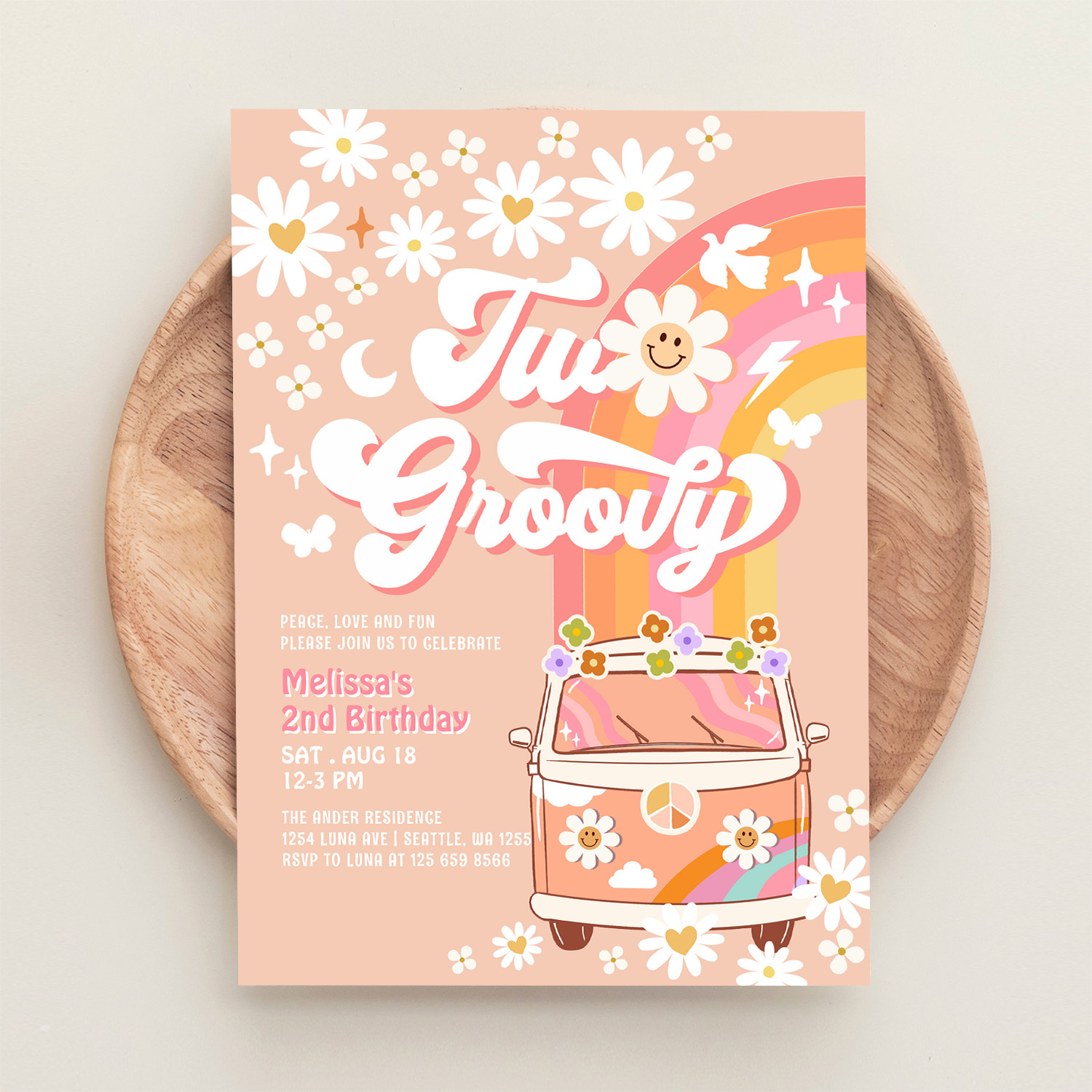 Two Groovy Girl Pink Peach Van Daisy 2nd Birthday Invitation - Image 7