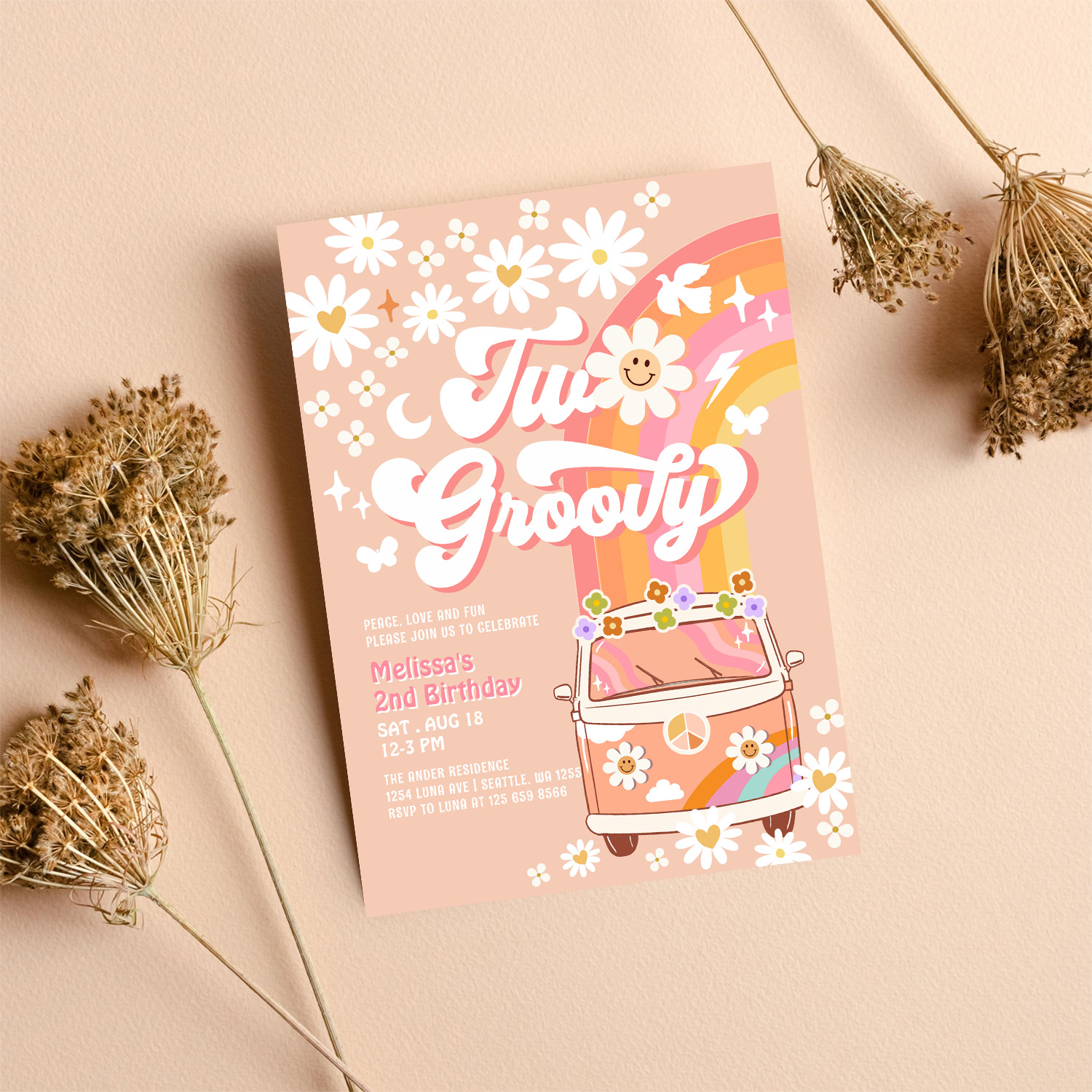 Two Groovy Girl Pink Peach Van Daisy 2nd Birthday Invitation - Image 8