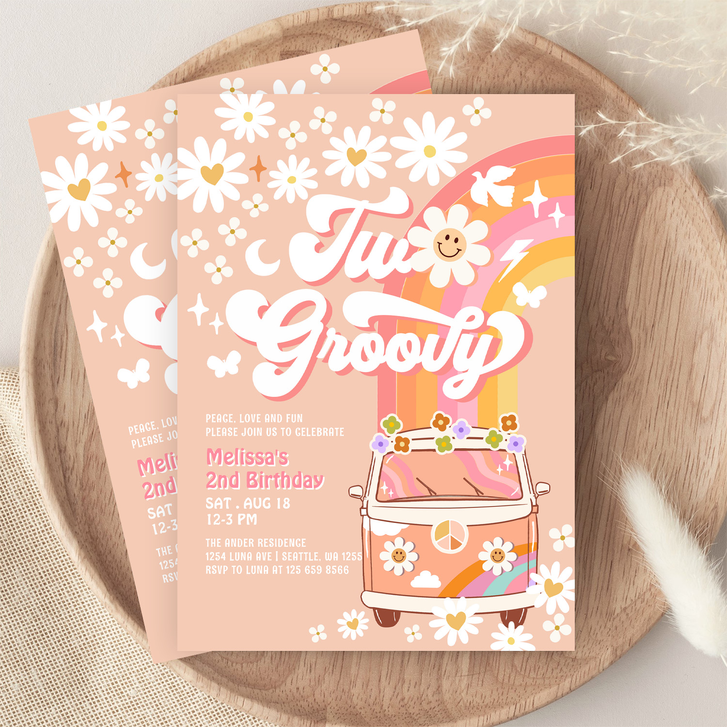 Two Groovy Girl Pink Peach Van Daisy 2nd Birthday Invitation - Image 9
