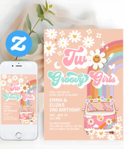 Two Groovy Girls Twin Daisy Rainbow Van Birthday Invitation