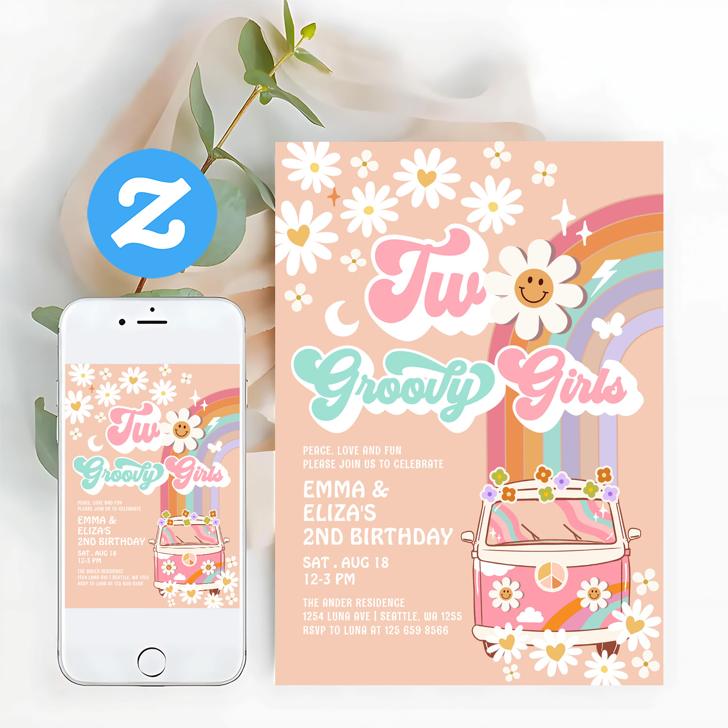 Two Groovy Girls Twin Daisy Rainbow Van Birthday Invitation