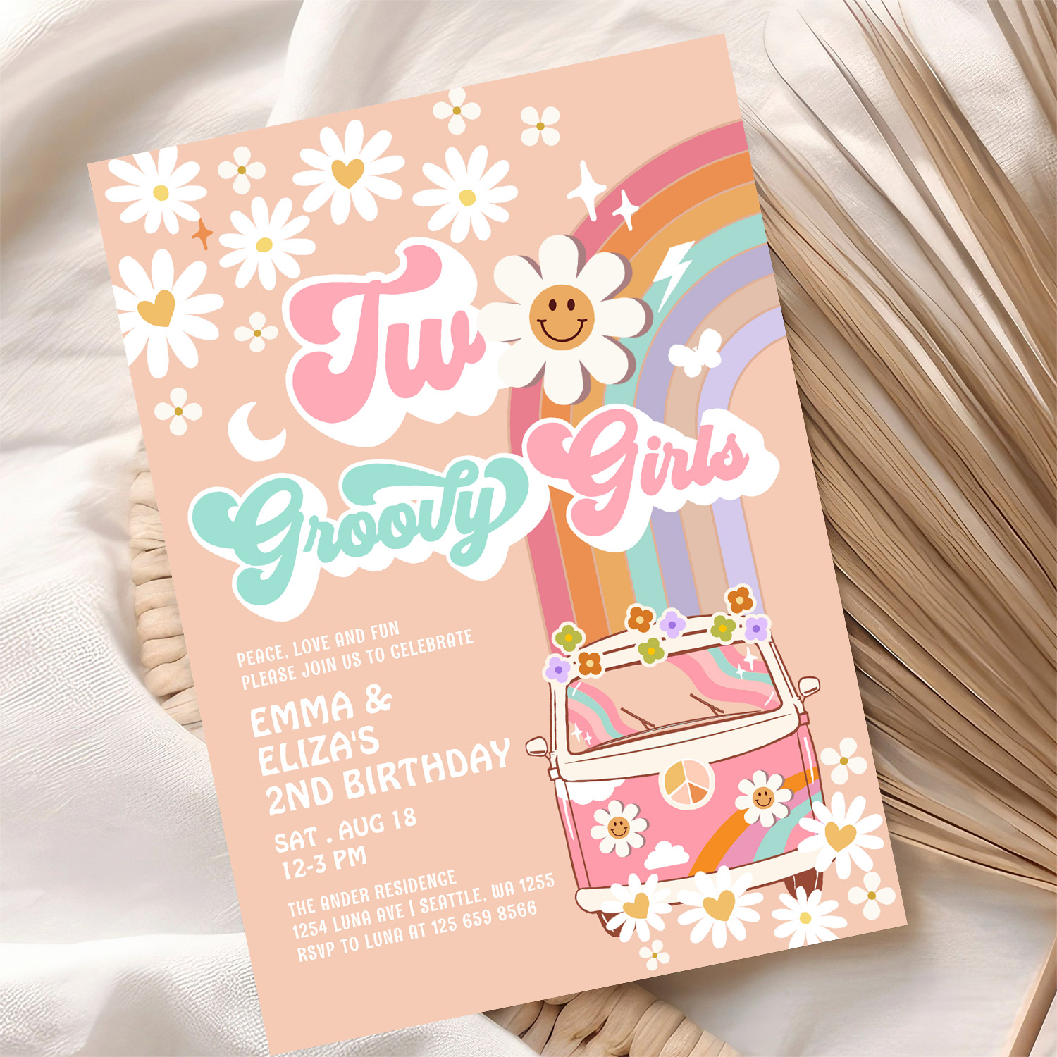Two Groovy Girls Twin Daisy Rainbow Van Birthday Invitation - Image 10