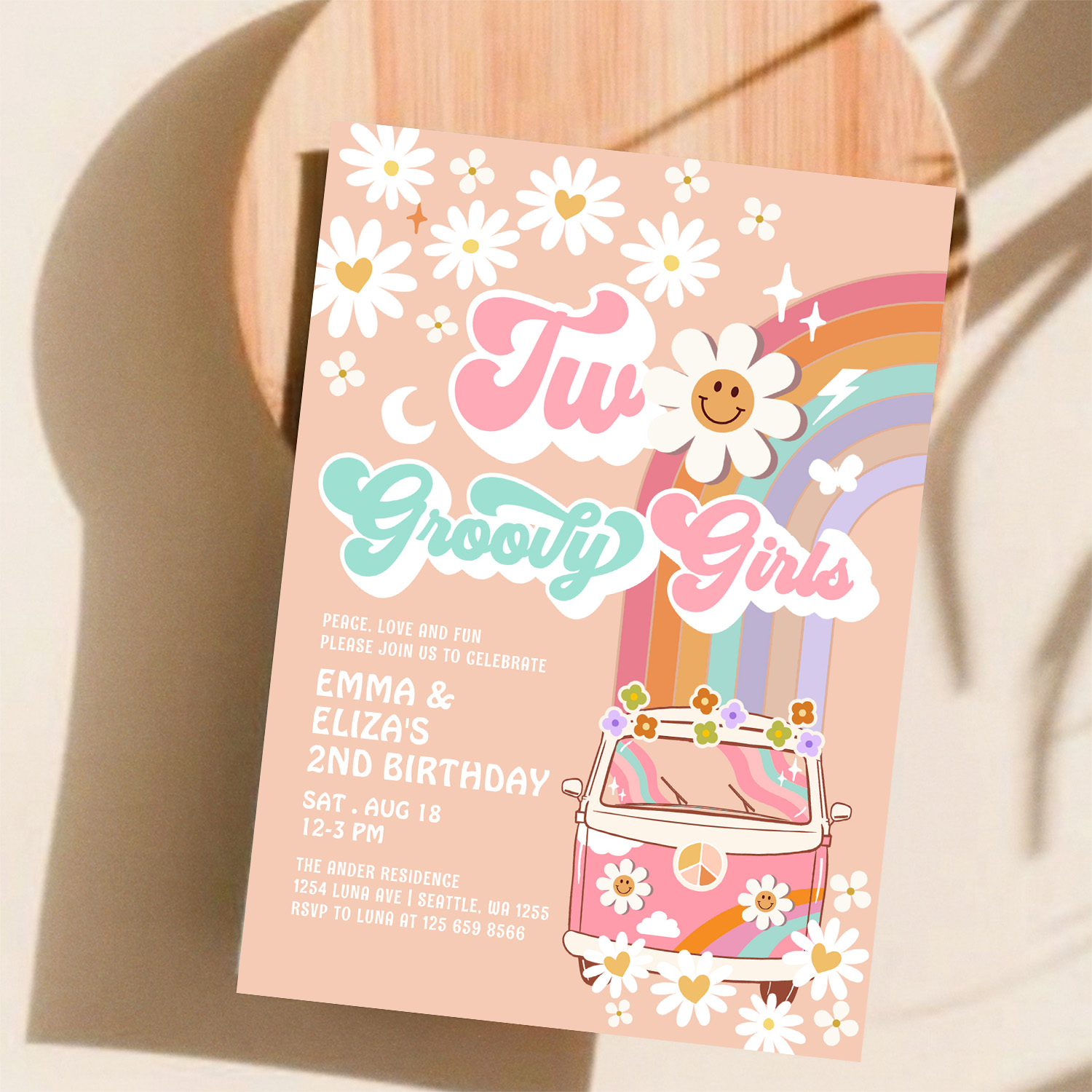 Two Groovy Girls Twin Daisy Rainbow Van Birthday Invitation - Image 11