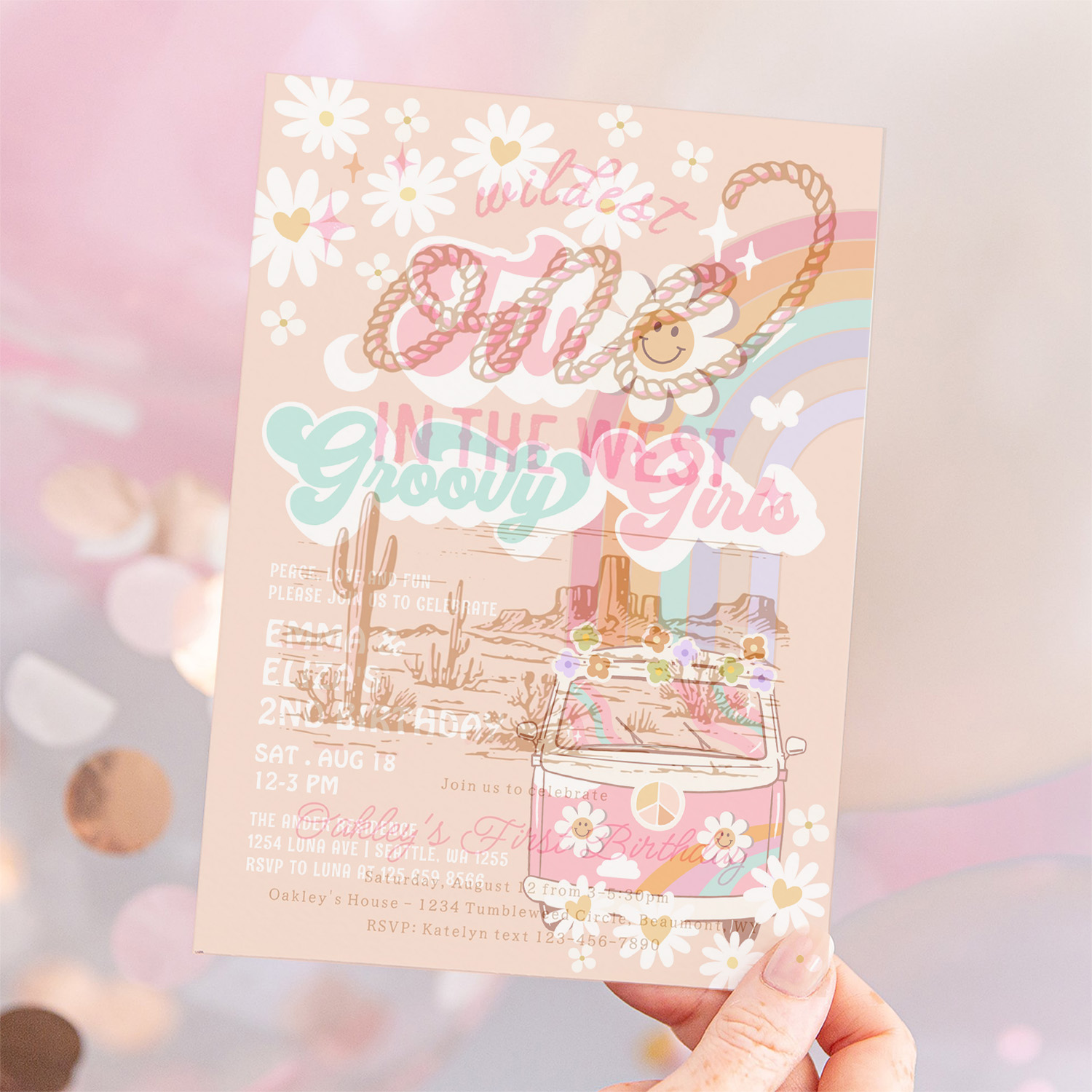 Two Groovy Girls Twin Daisy Rainbow Van Birthday Invitation - Image 12