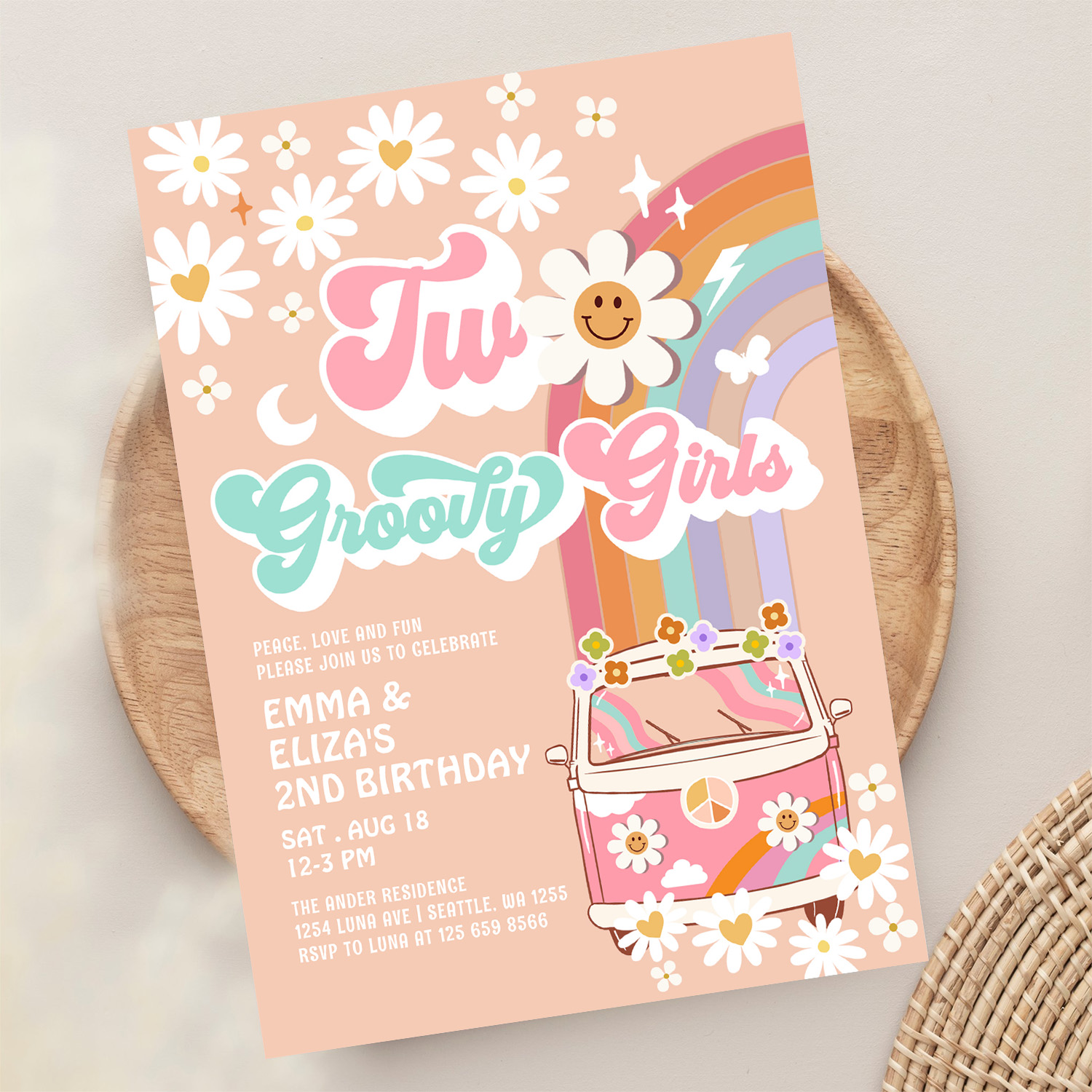 Two Groovy Girls Twin Daisy Rainbow Van Birthday Invitation - Image 13