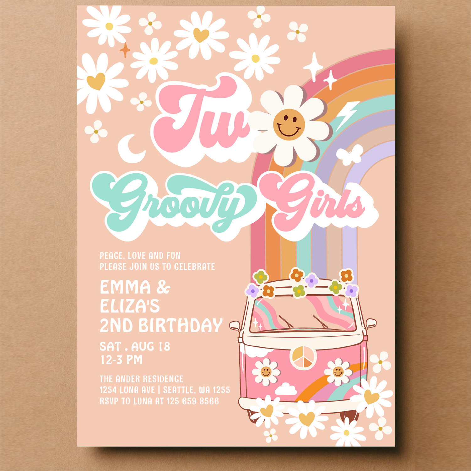 Two Groovy Girls Twin Daisy Rainbow Van Birthday Invitation - Image 14
