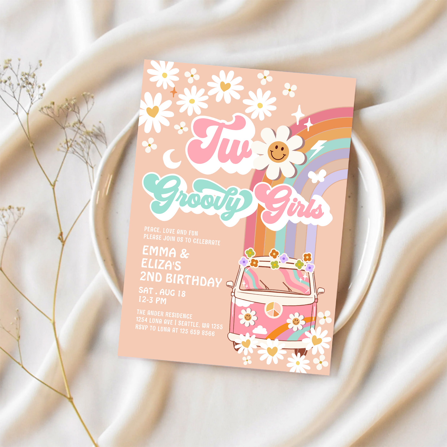 Two Groovy Girls Twin Daisy Rainbow Van Birthday Invitation - Image 2