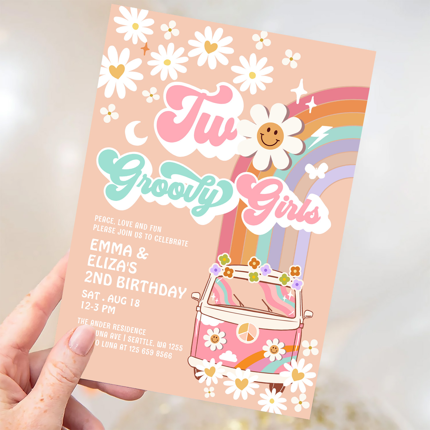 Two Groovy Girls Twin Daisy Rainbow Van Birthday Invitation - Image 3