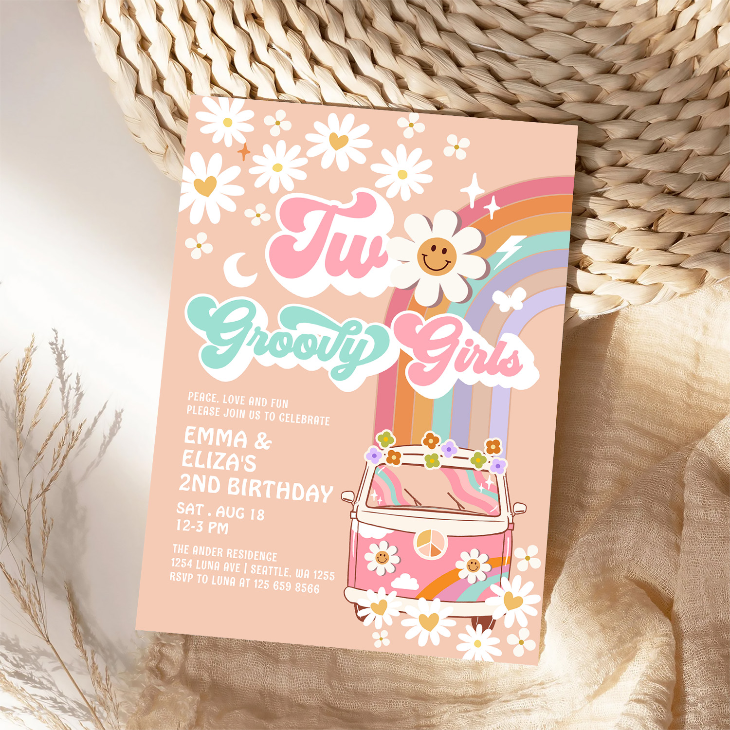 Two Groovy Girls Twin Daisy Rainbow Van Birthday Invitation - Image 4