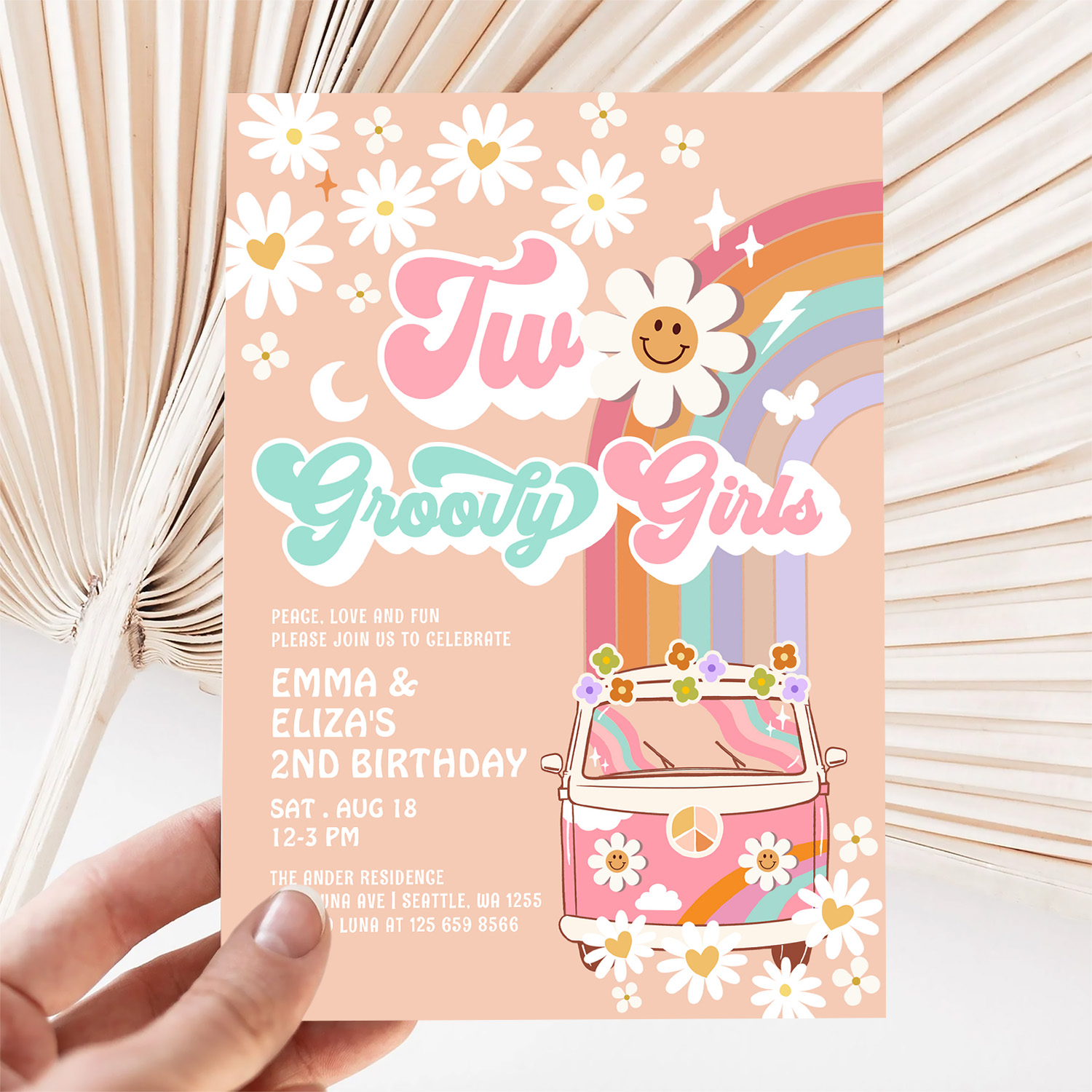 Two Groovy Girls Twin Daisy Rainbow Van Birthday Invitation - Image 5