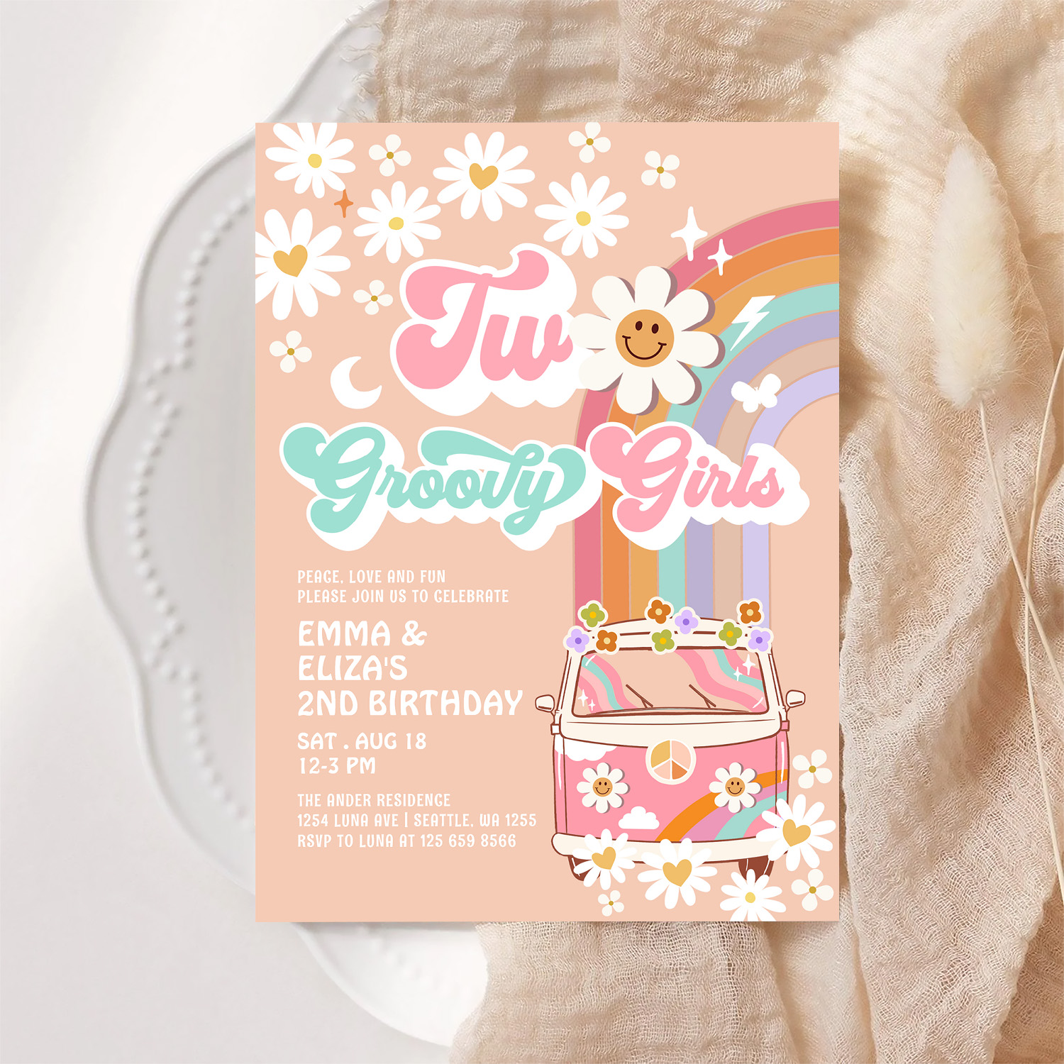 Two Groovy Girls Twin Daisy Rainbow Van Birthday Invitation - Image 6