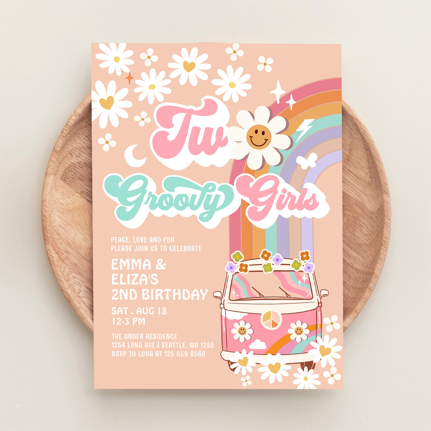 Two Groovy Girls Twin Daisy Rainbow Van Birthday Invitation - Image 7