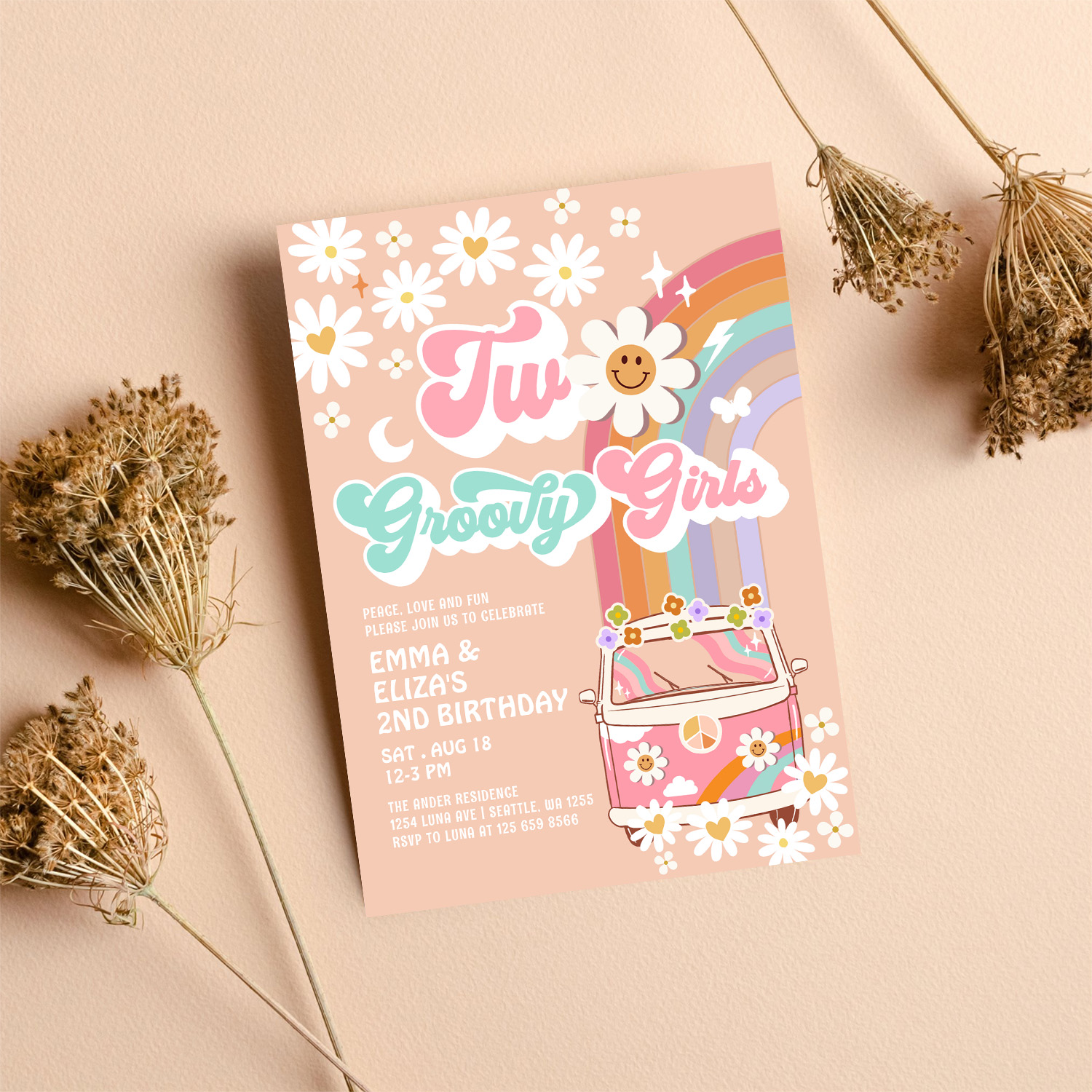 Two Groovy Girls Twin Daisy Rainbow Van Birthday Invitation - Image 8