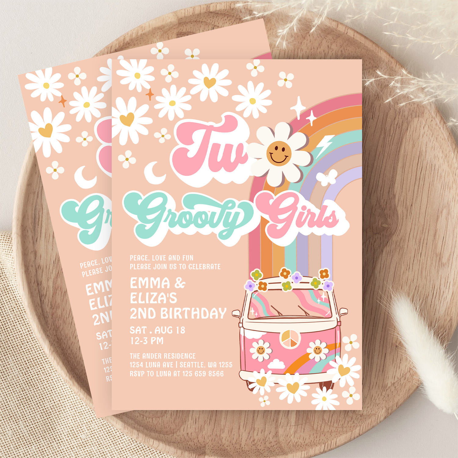 Two Groovy Girls Twin Daisy Rainbow Van Birthday Invitation - Image 9
