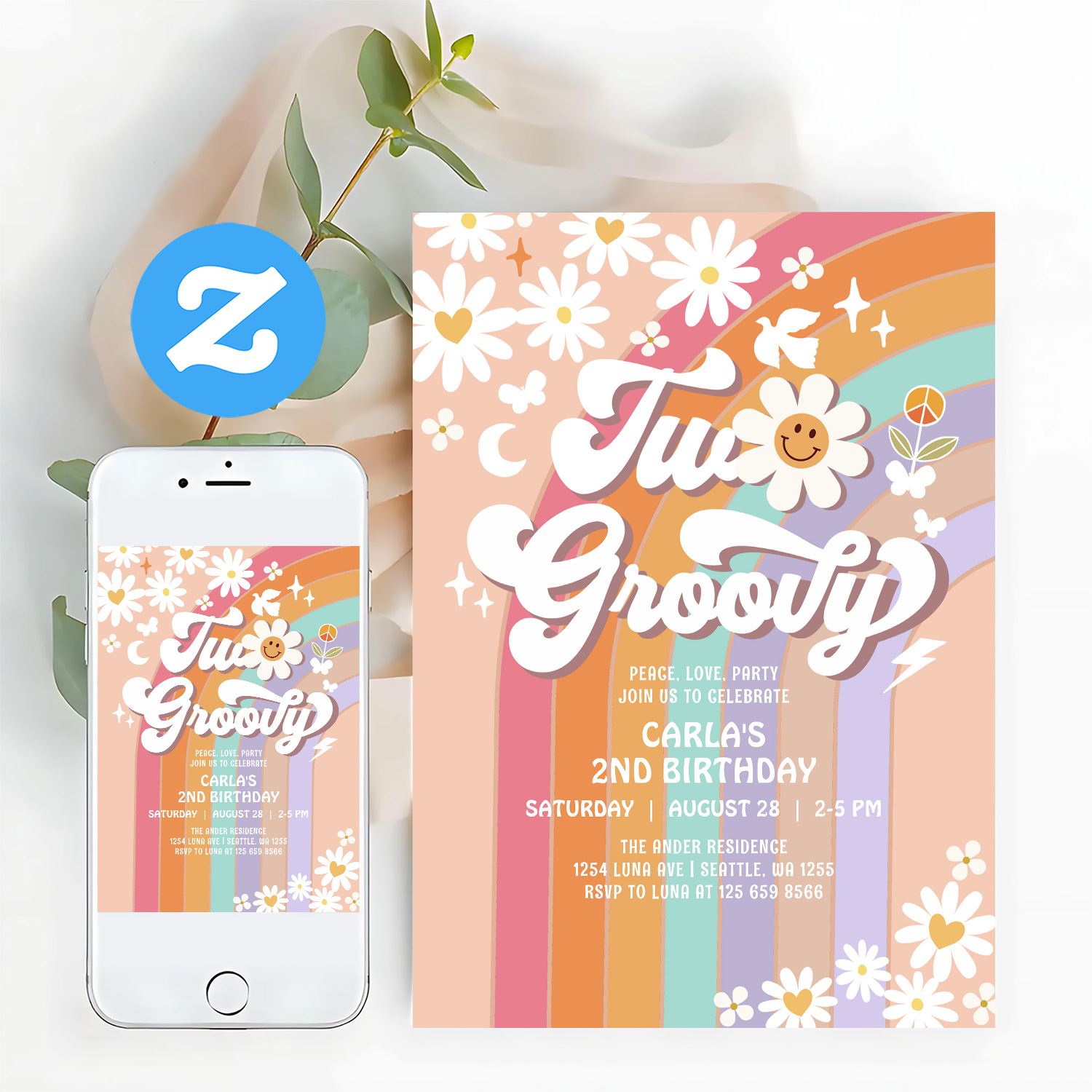 Two Groovy Hippie 70S Retro 2nd Birthday Invitation