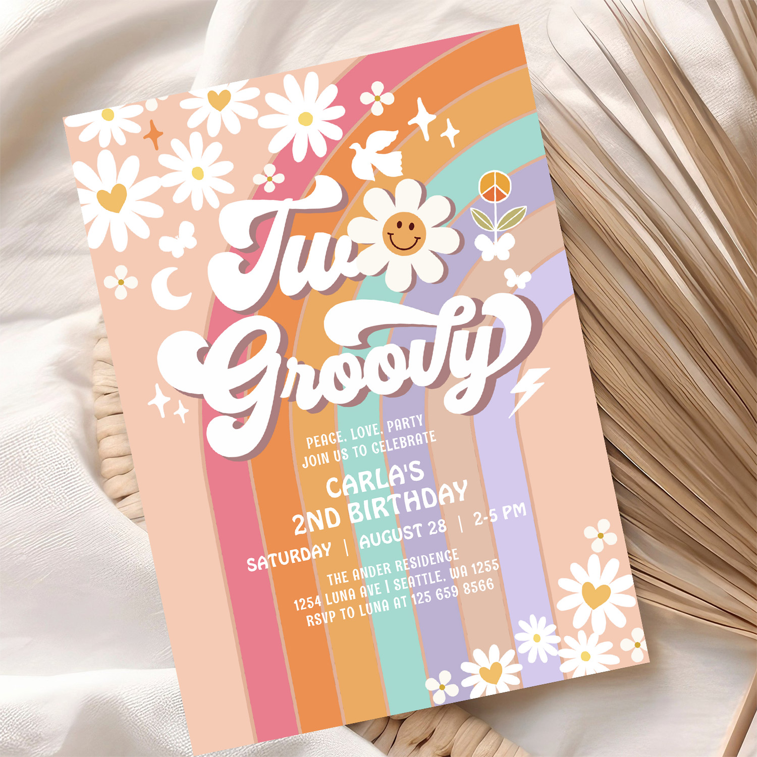 Two Groovy Hippie 70S Retro 2nd Birthday Invitation - Image 10