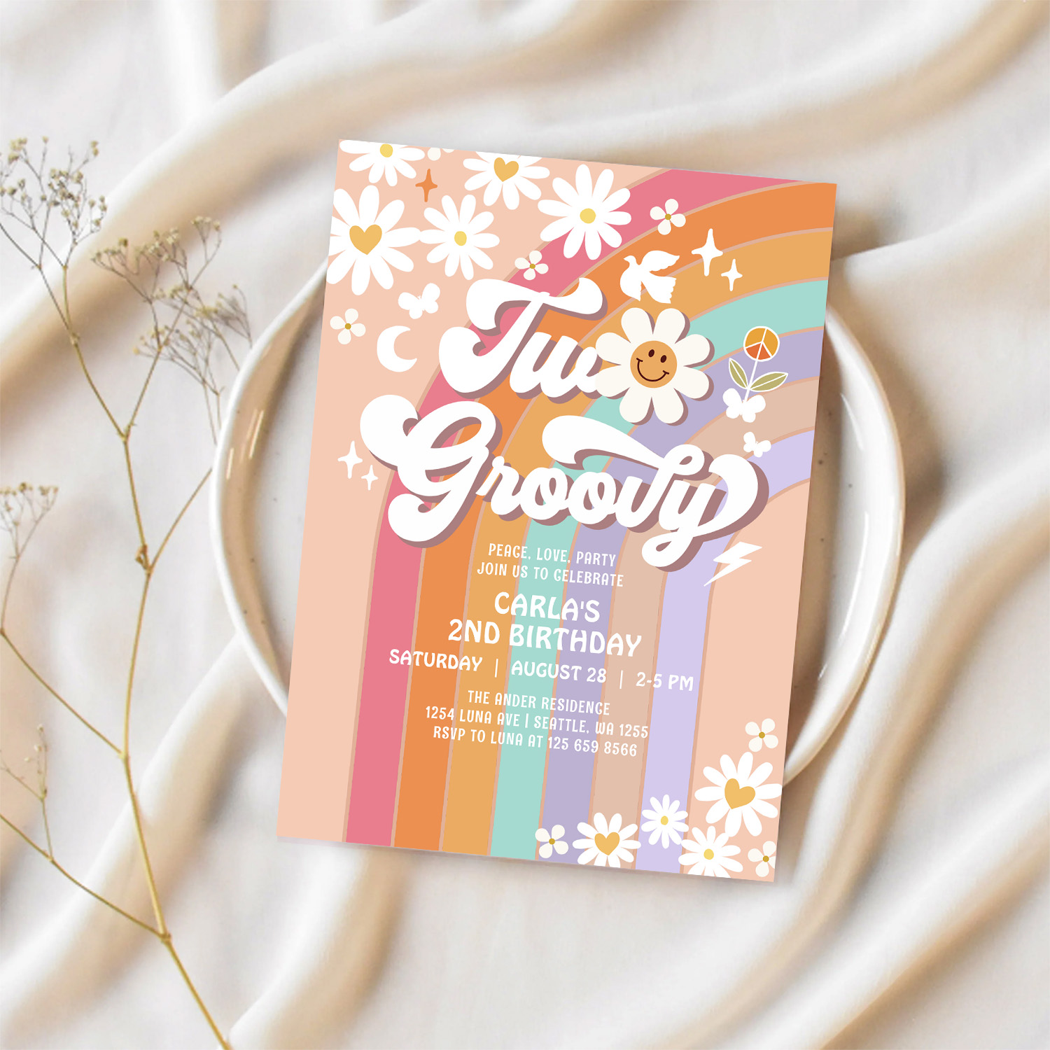 Two Groovy Hippie 70S Retro 2nd Birthday Invitation - Image 2