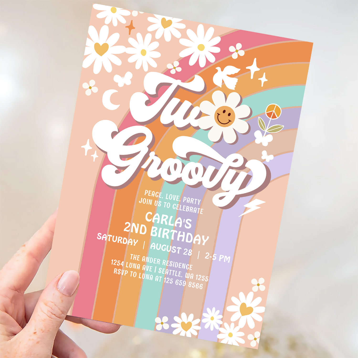 Two Groovy Hippie 70S Retro 2nd Birthday Invitation - Image 3