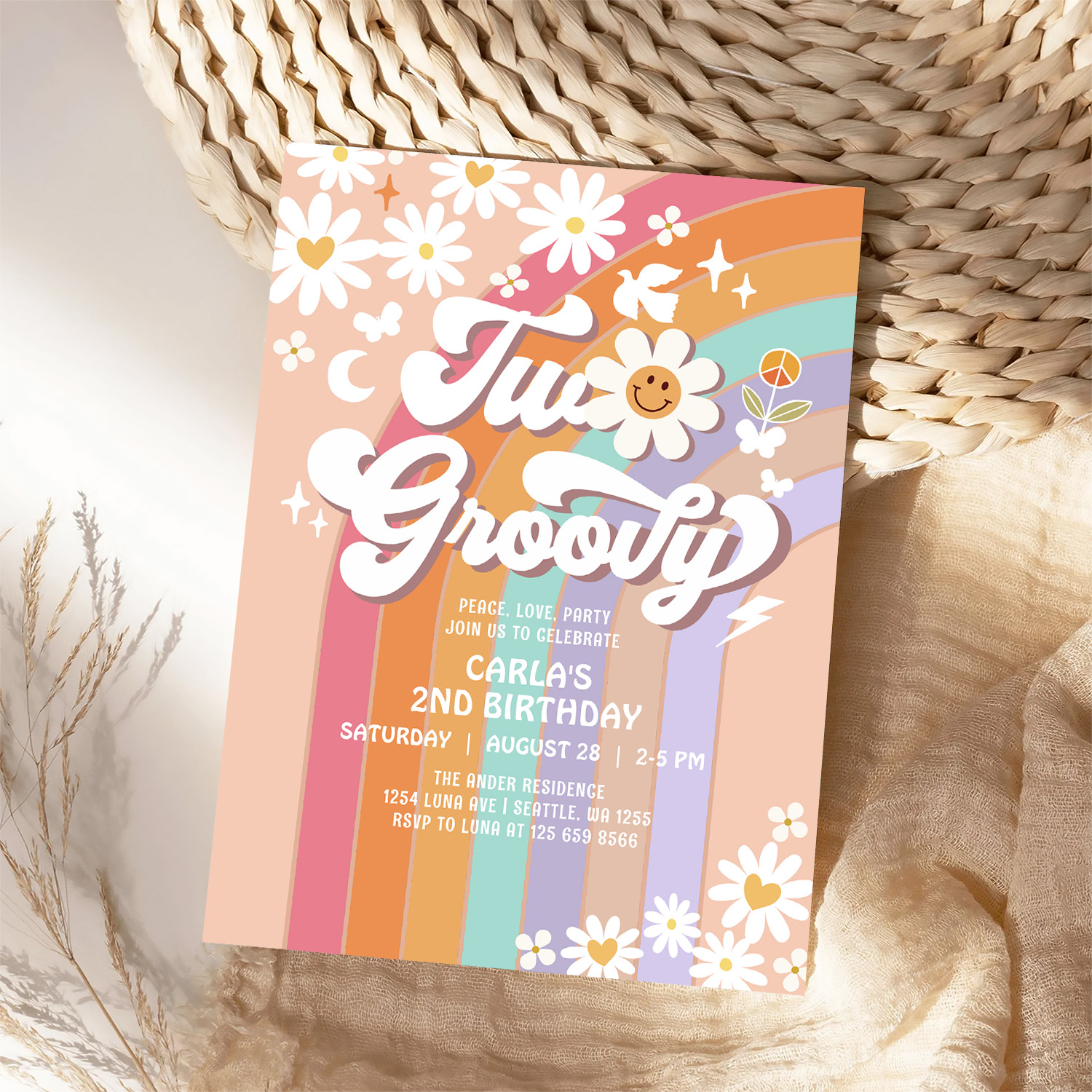 Two Groovy Hippie 70S Retro 2nd Birthday Invitation - Image 4