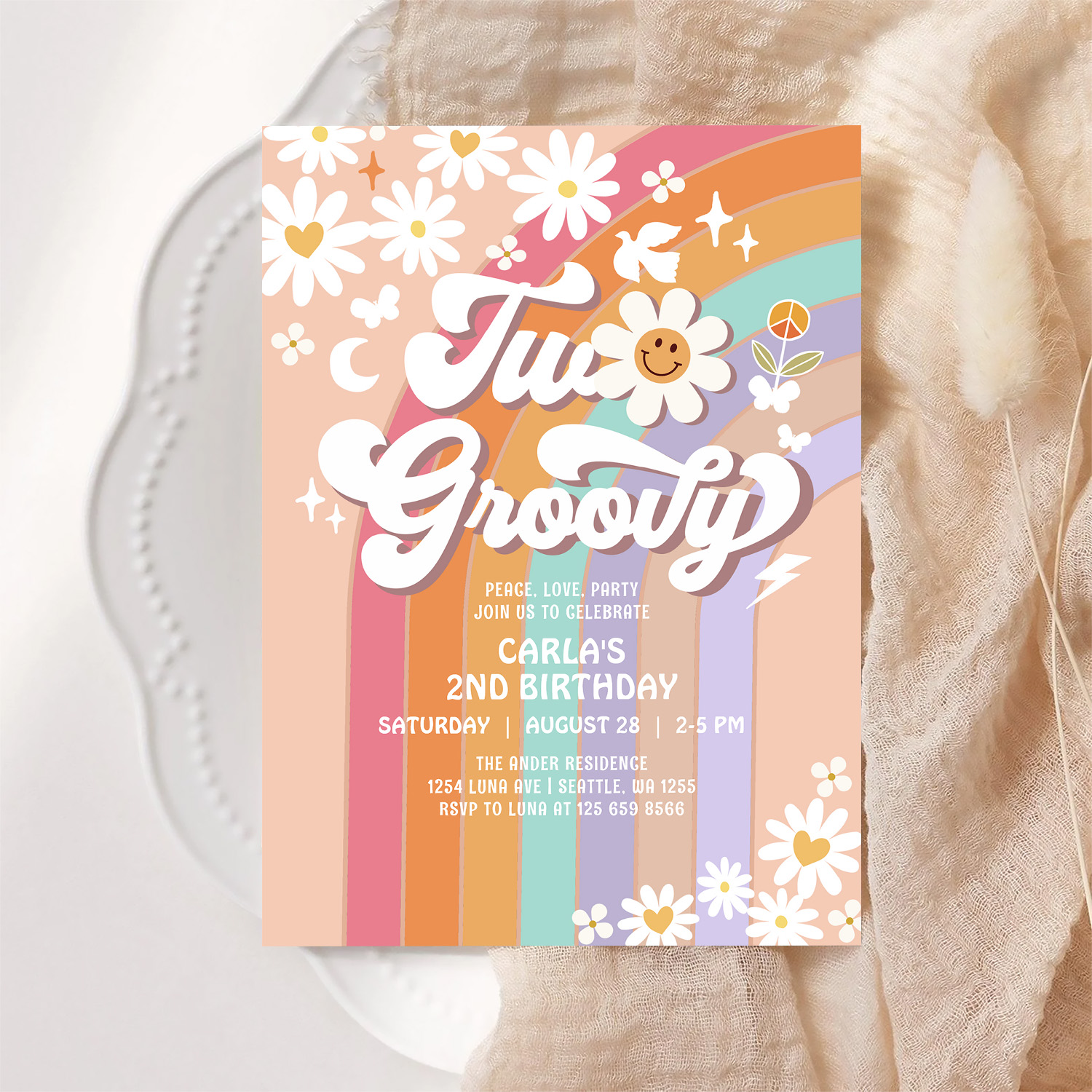 Two Groovy Hippie 70S Retro 2nd Birthday Invitation - Image 6