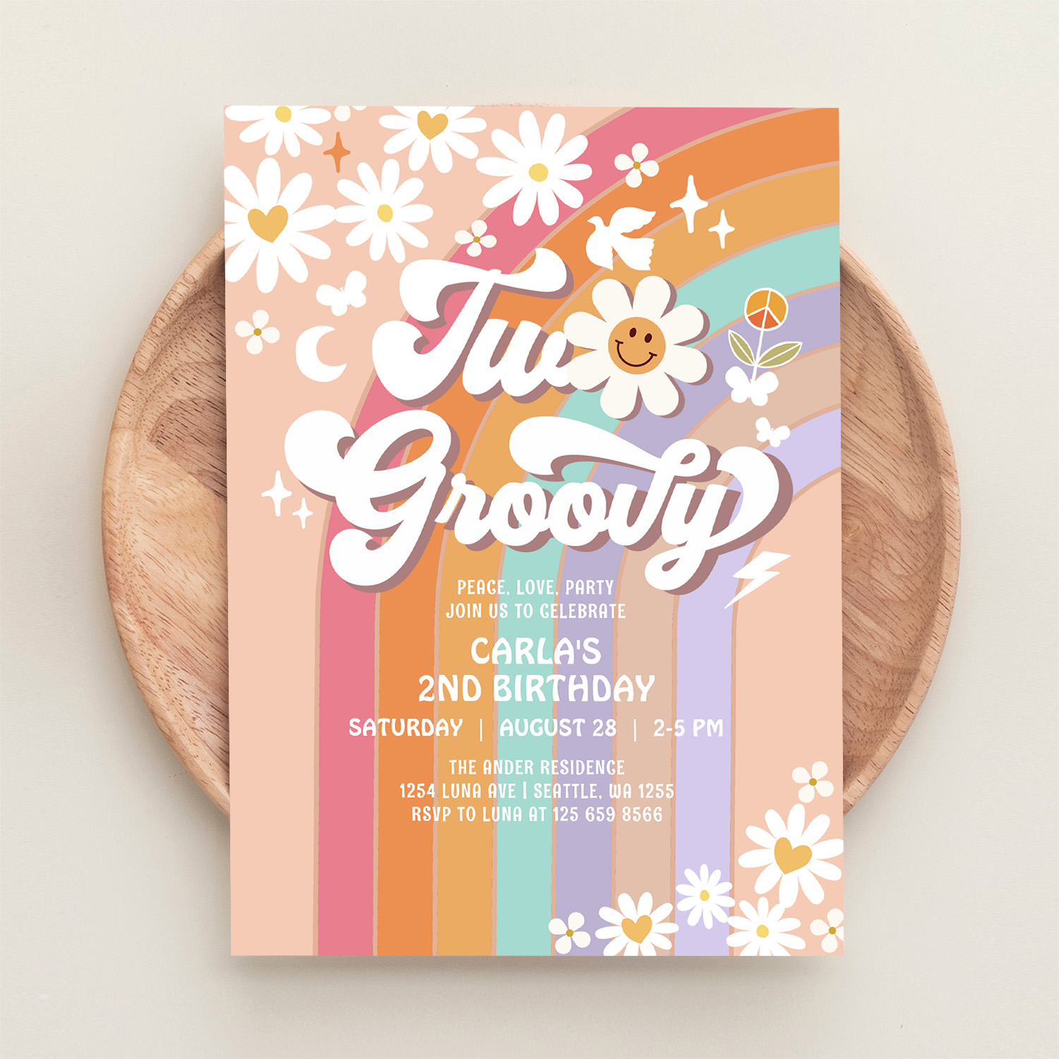 Two Groovy Hippie 70S Retro 2nd Birthday Invitation - Image 7