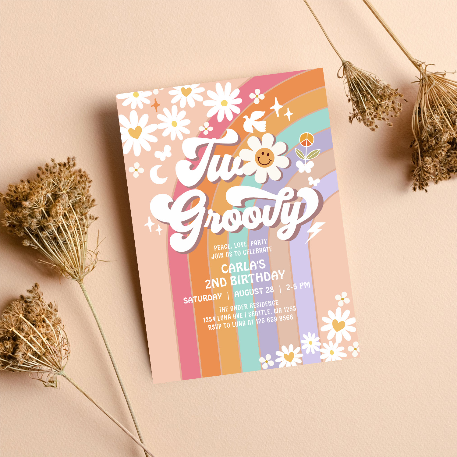 Two Groovy Hippie 70S Retro 2nd Birthday Invitation - Image 8