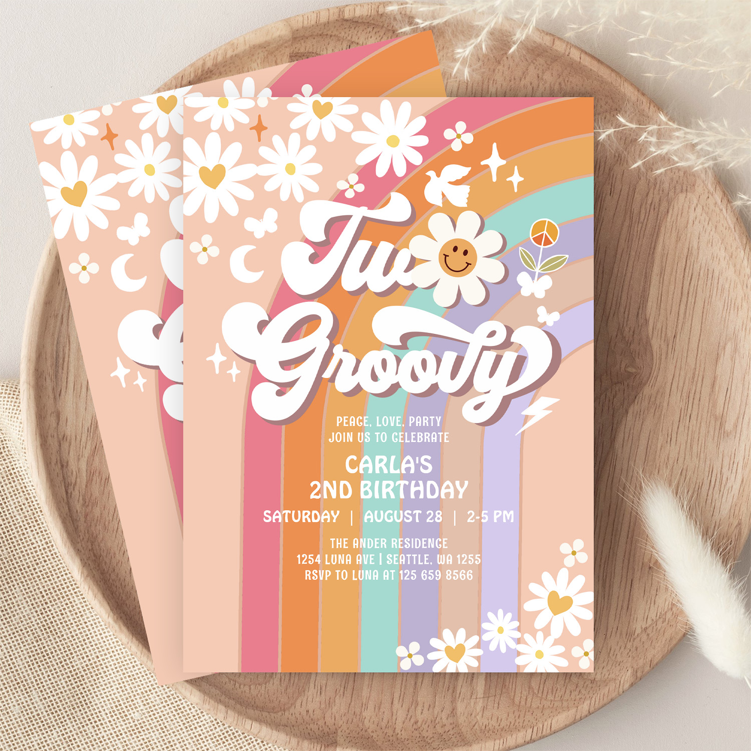 Two Groovy Hippie 70S Retro 2nd Birthday Invitation - Image 9