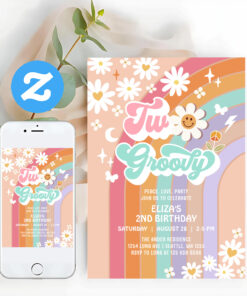 Two Groovy Hippie Daisy Rainbow 2nd Birthday Invitation