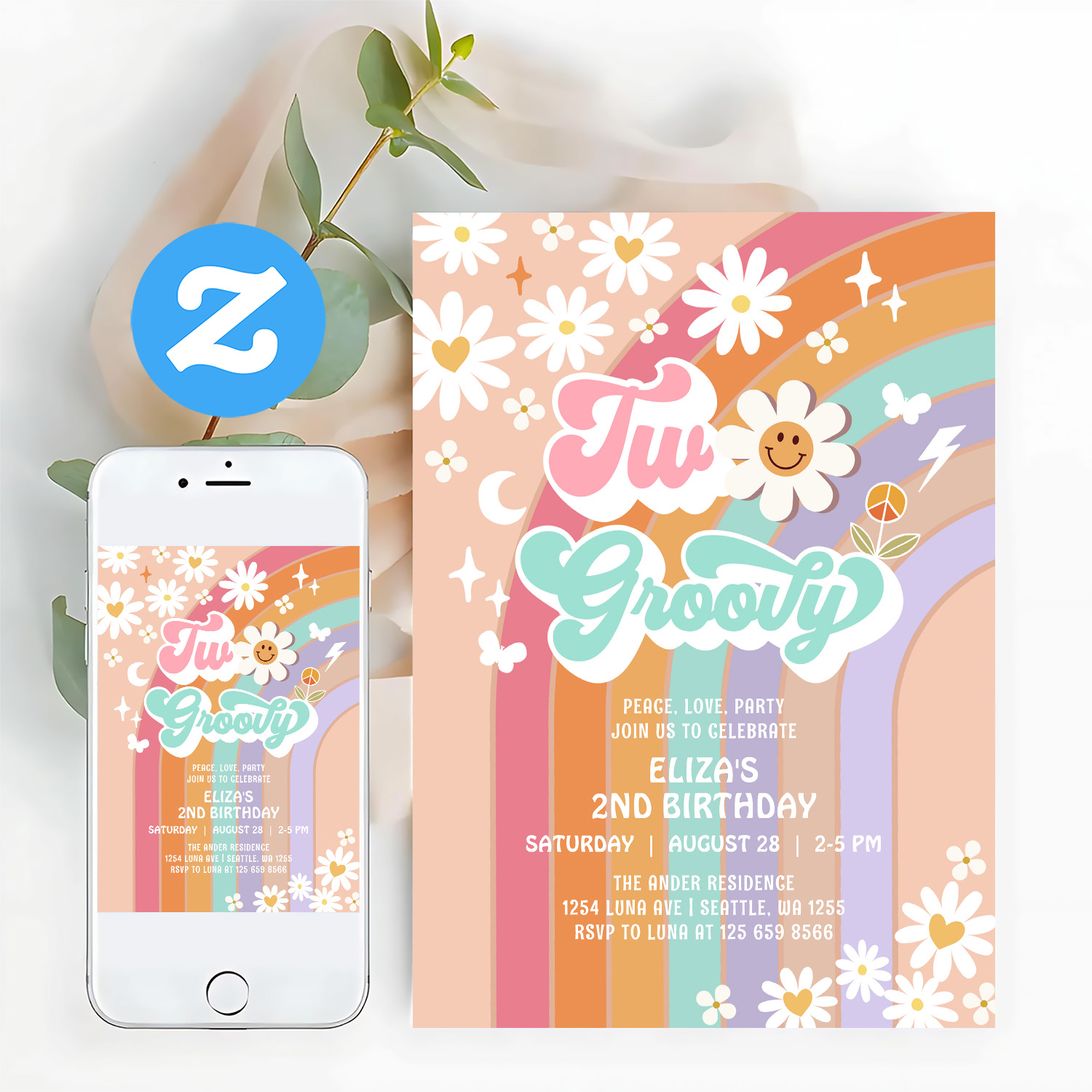 Two Groovy Hippie Daisy Rainbow 2nd Birthday Invitation