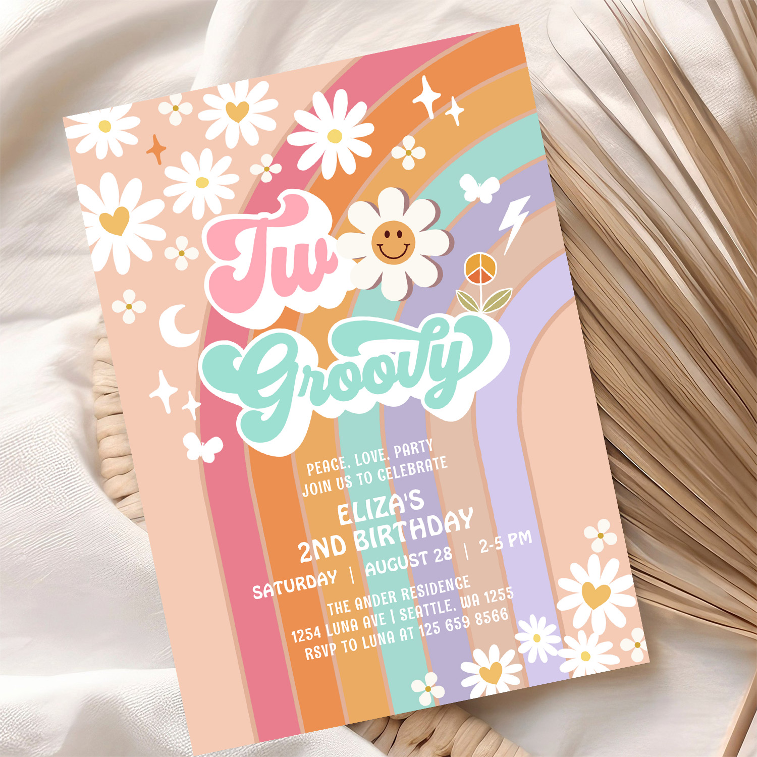 Two Groovy Hippie Daisy Rainbow 2nd Birthday Invitation - Image 10