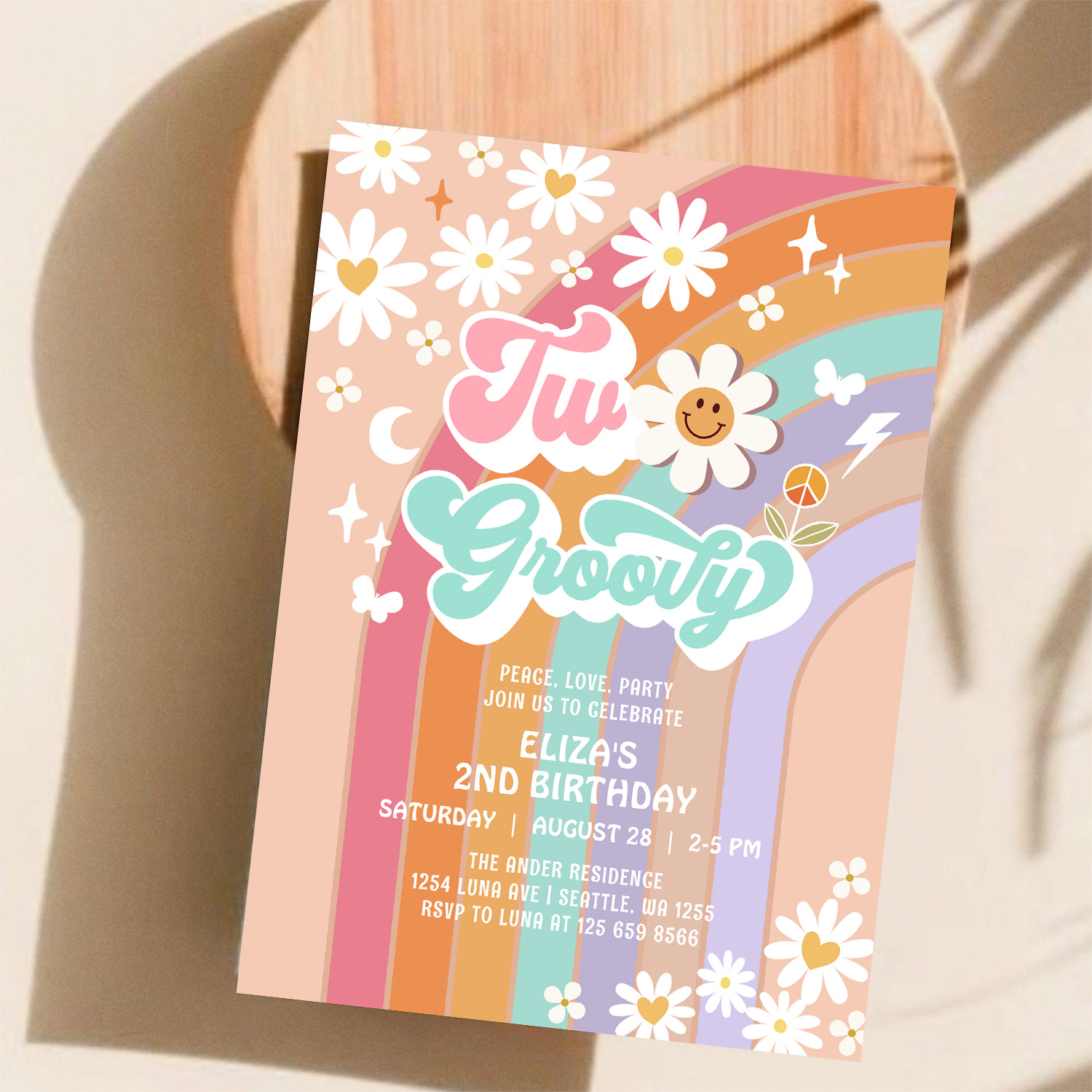 Two Groovy Hippie Daisy Rainbow 2nd Birthday Invitation - Image 11