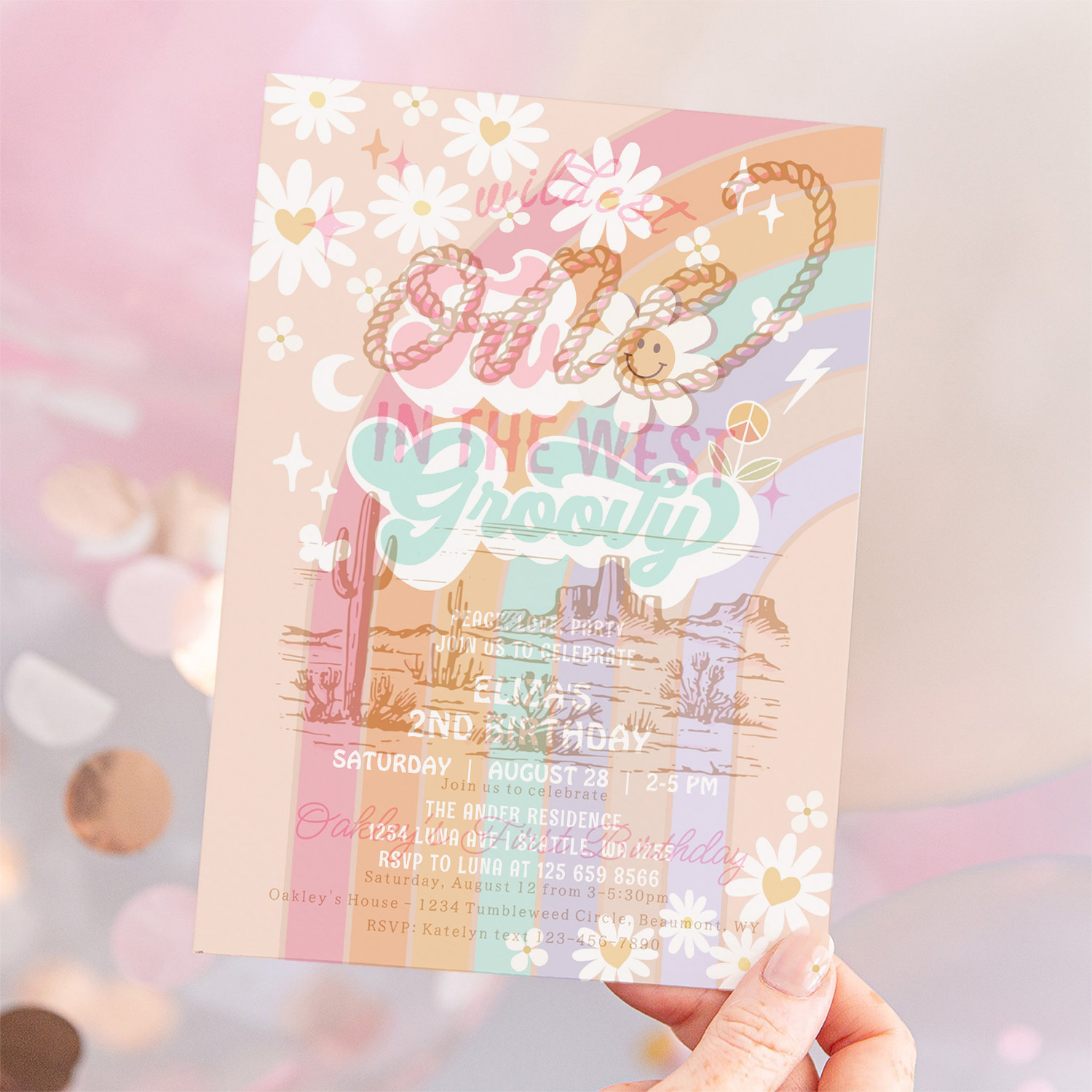 Two Groovy Hippie Daisy Rainbow 2nd Birthday Invitation - Image 12